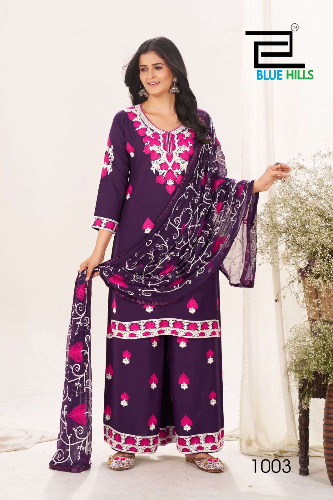 BLUE HILLS PINK LOTUS RAYON FANCY EMBROIDERIES WORK LADIES KURTI COMBO SET 