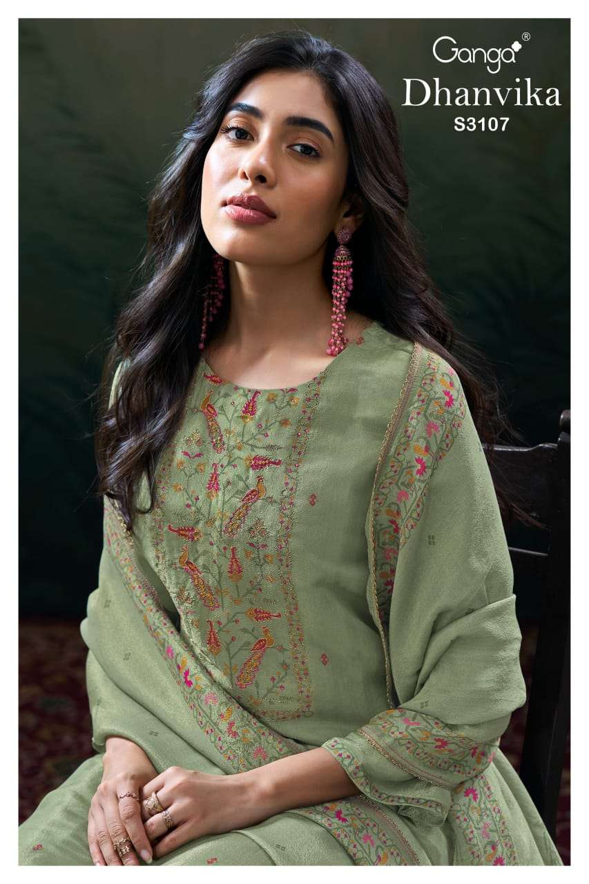 GANGA DHANVIKA 3107 SILK JACQUARD PRINTED WITH EMBROIDERY WORK SUIT