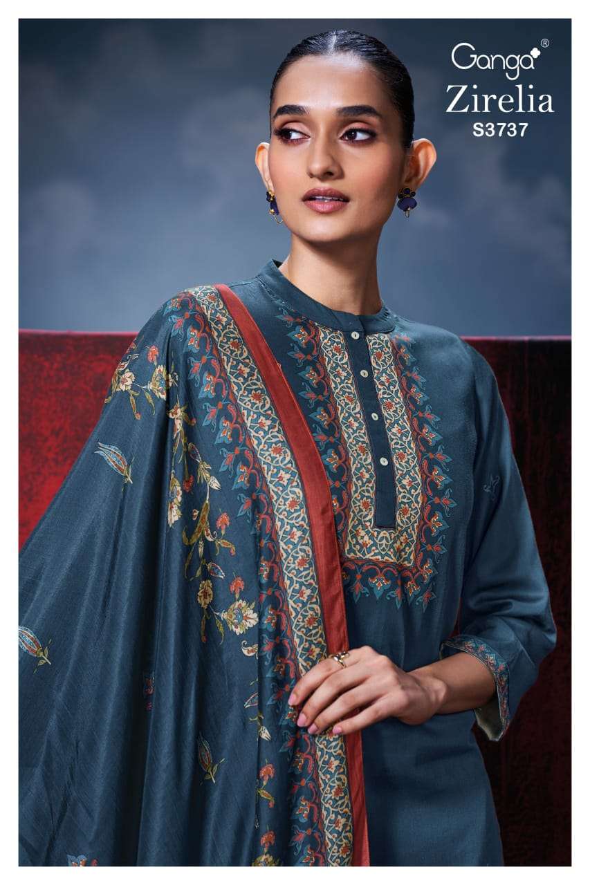 GANGA ZIRELIA 3737 SATIN COTTON PRINTED WITH DESIGNER WORK SUIT