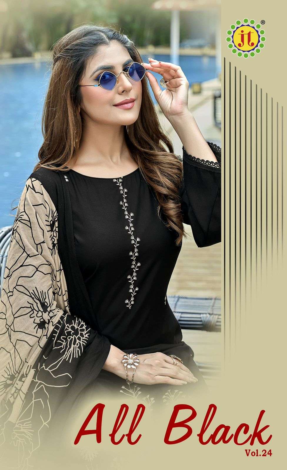 JT ALL BLACK VOL 24 RAYON PREMIUM EMBROIDERY WORKS SUIT   