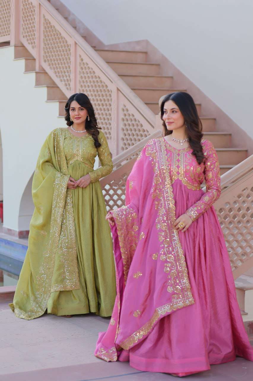 LW 9240 CRUSH FABRIC HEAVY DESIGNER WORK GOWN WITH DUPATTA SET 