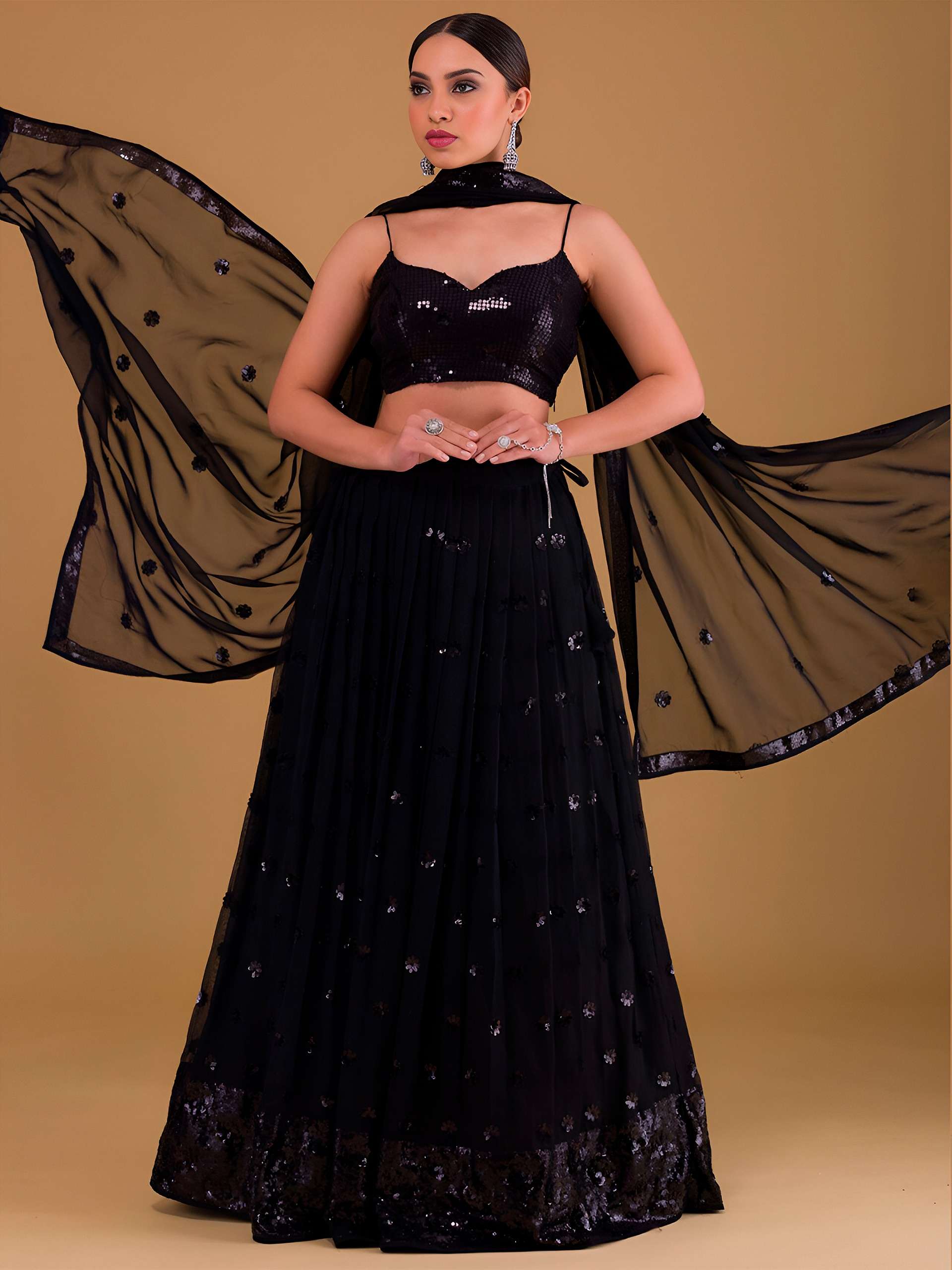 MF 15068 BLACK GEORGETTE HEAVY DESIGNER WEDDING WEAR LEHENGA CHOLI