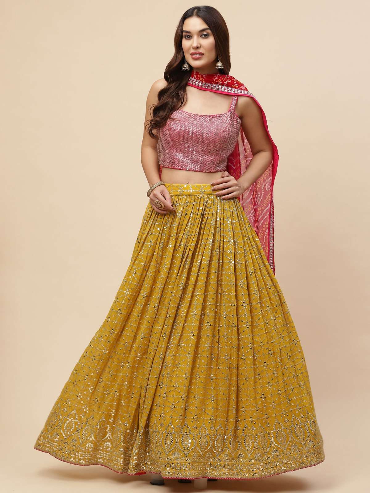 MF CODE 5076 YELLOW GEORGETTE BEAUTIFUL DESIGNER FESTIVE WEAR LEHENGA CHOLI 