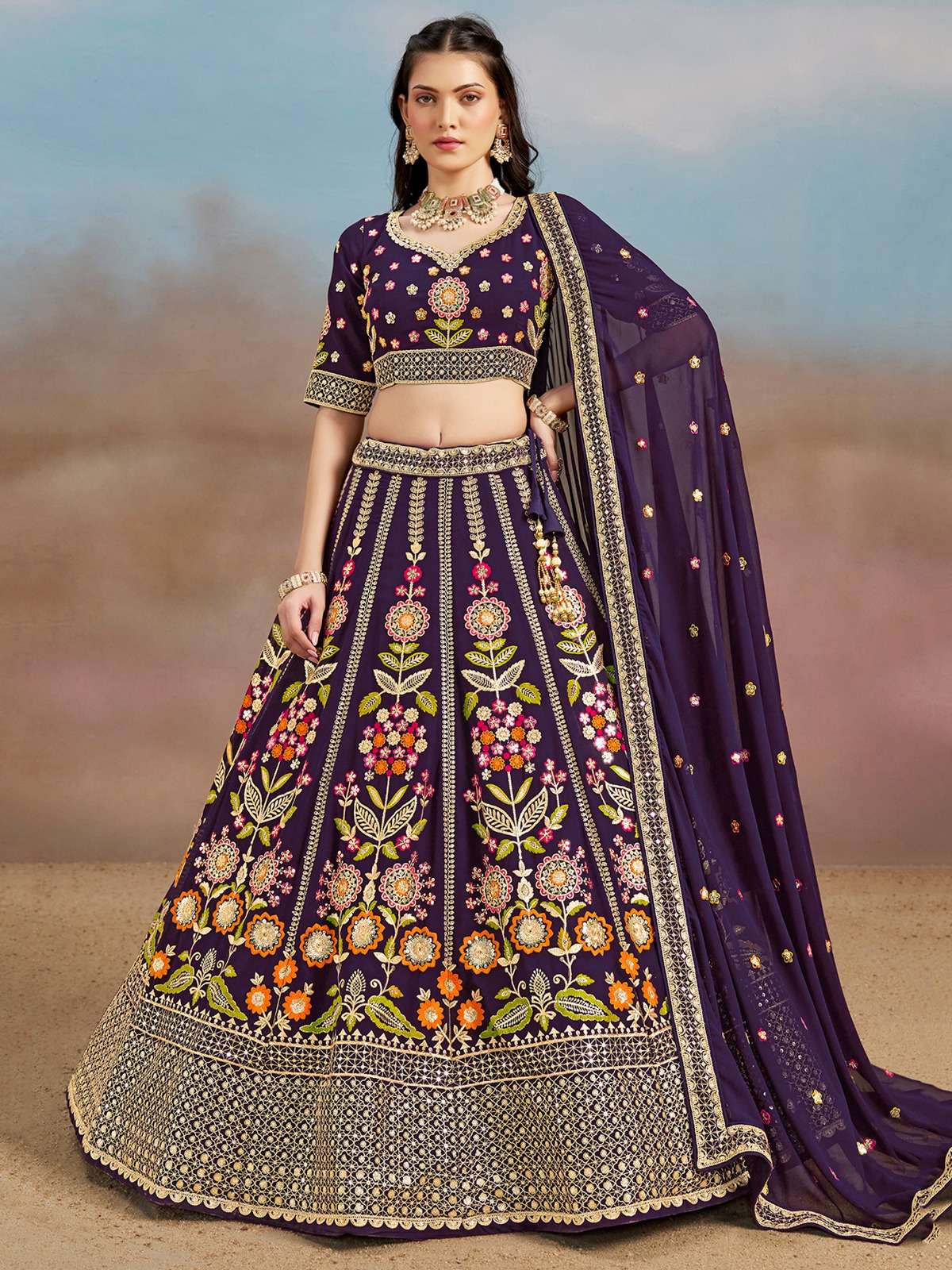 MF CODE 6008 PURPLE GEORGETTE HEAVY DESIGNER WEDDING WEAR LEHENGA CHOLI