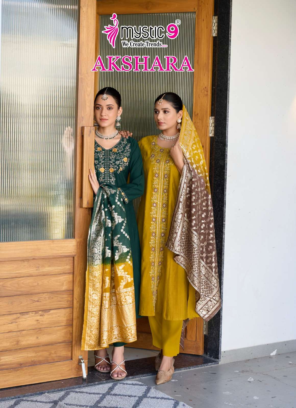  MYSTIC 9 AKSHARA VOL 1 FANCY EMBROIDERY WORKS LADIES KURTI COMBO SET 