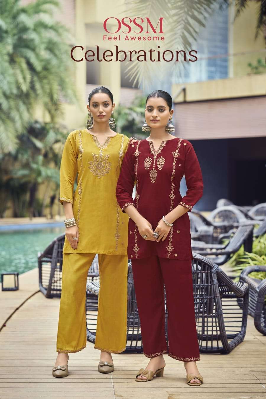 OSSM CELEBRATIONS SILK FANCY EMBROIDERIES WORK LADIES TOP WITH PANT PAIR 