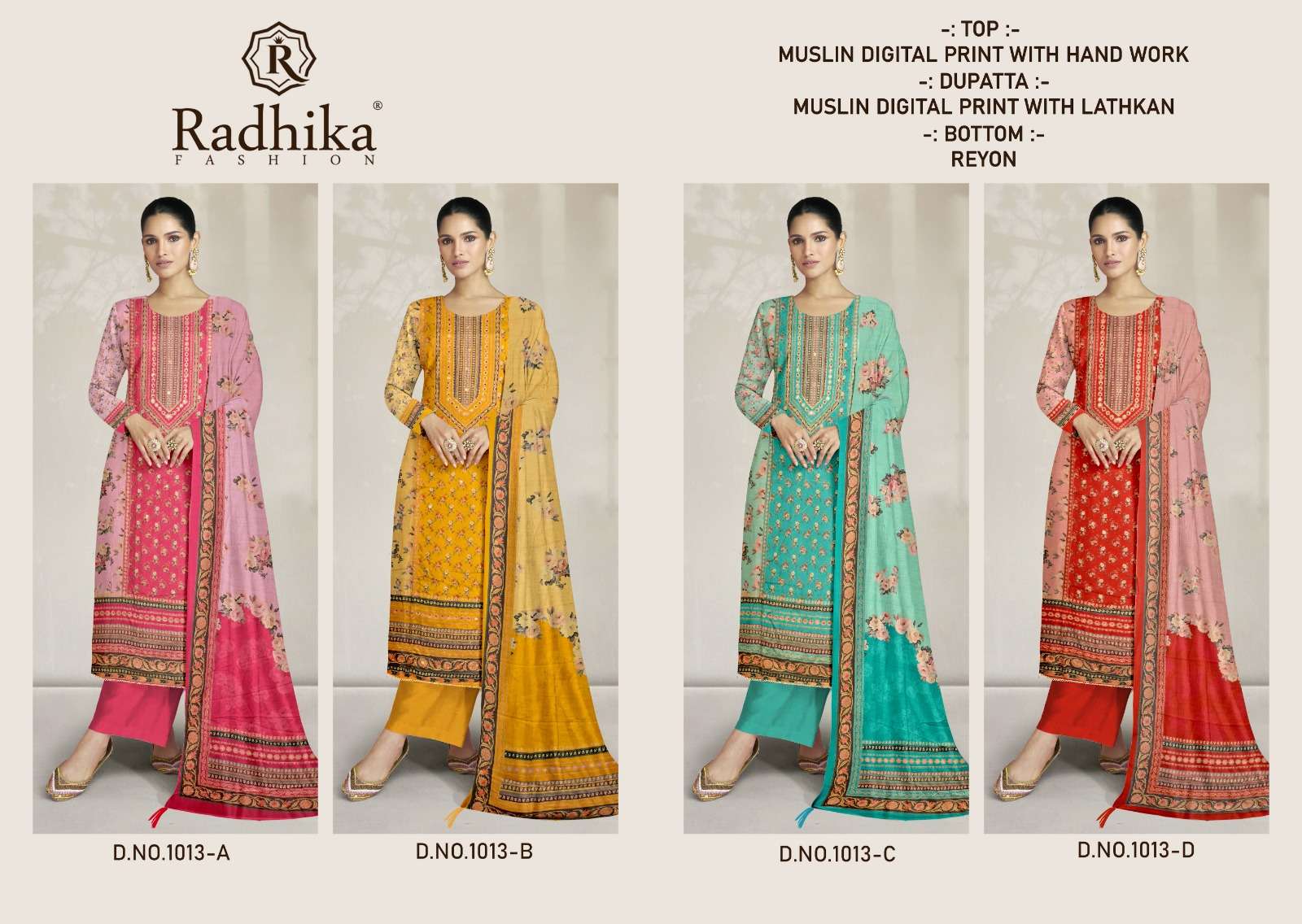 RADHIKA FASHION COMBO SUIT COLLECTION MUSLIN PRINT WITH FANCY WORK SUIT