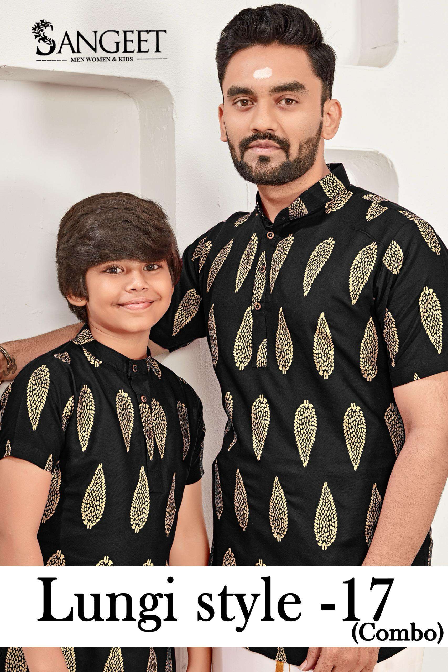 SANGEET LUNGI STYLE VOL 17 RAYON GOLD PRINT MENS AND KIDS WEAR SHORT KURTA COMBO
