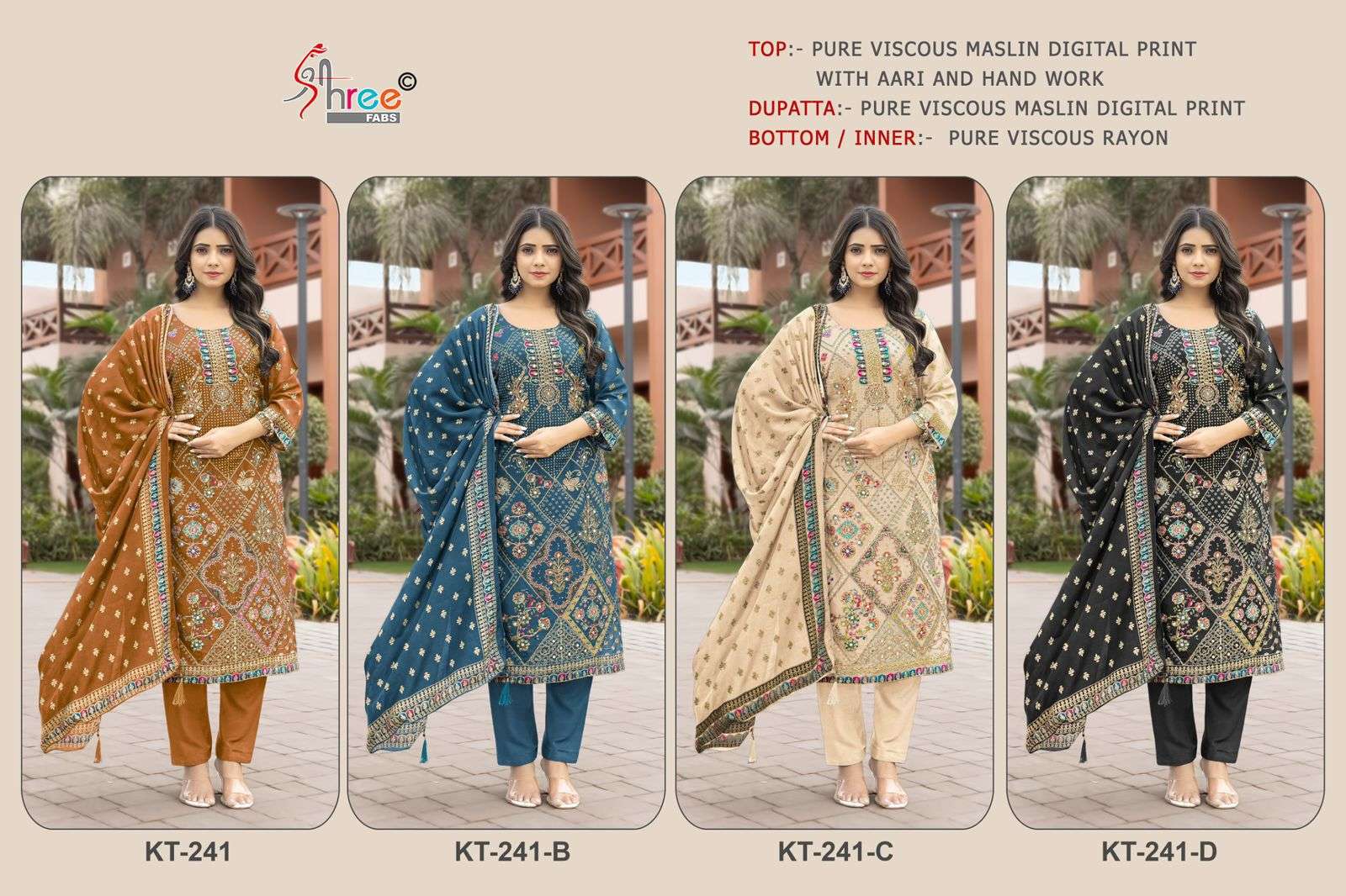 SHREE FAB DESIGN NO - KT - 241 PURE VISCOSE MUSLIN DIGITAL PRINT AARI HANDWORK PAKISTANI SUIT 
