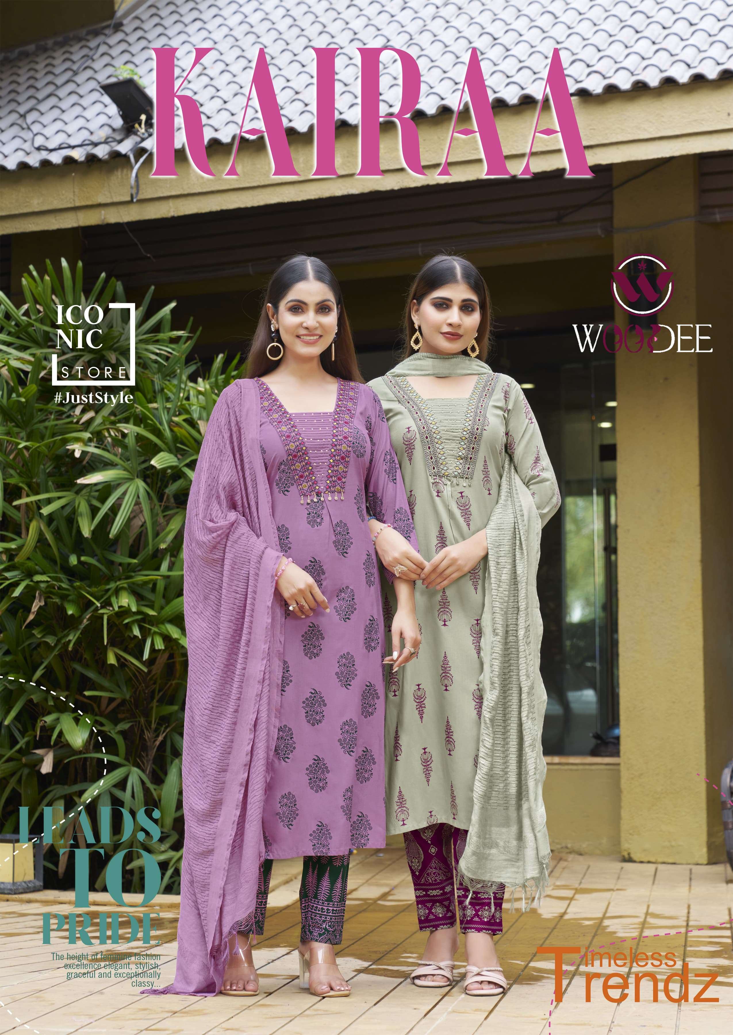 WOODEE KAIRAA RAYON PRINTED FANCY WORKS LADIES KURTI COMBO SET 