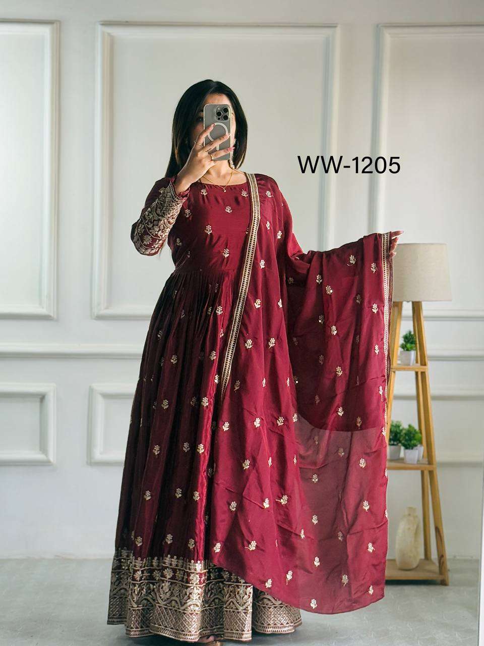 WW 1205 SILK HEAVY SEQUENCE EMBROIDERY GOWN WITH PANT AND DUPPATTA SET 