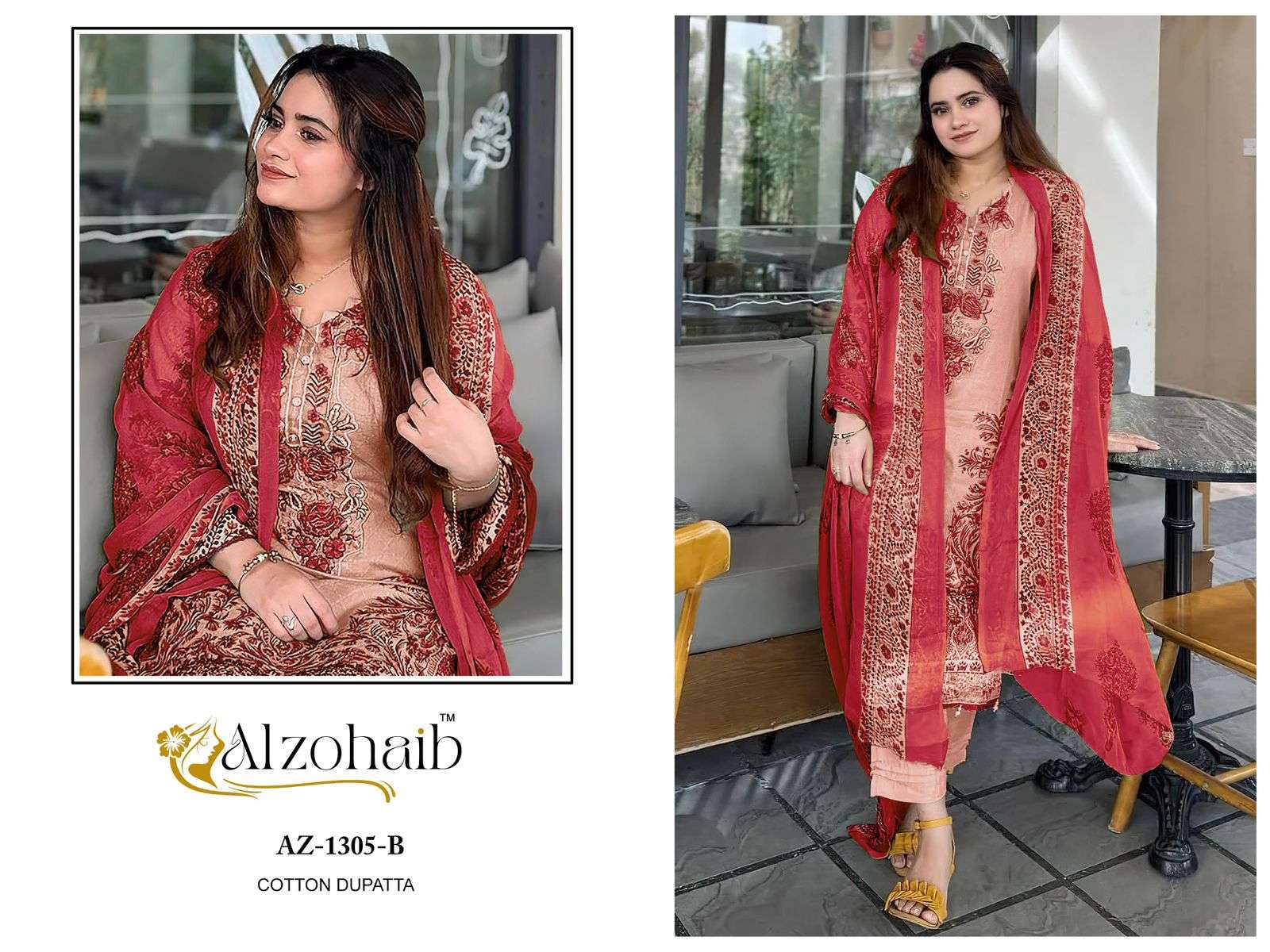 AL ZOHAIB DESIGN NO - 1305 BC PURE COTTON PRINT HEAVY PATCH WROK PAKISTANI SALWAR SUIT