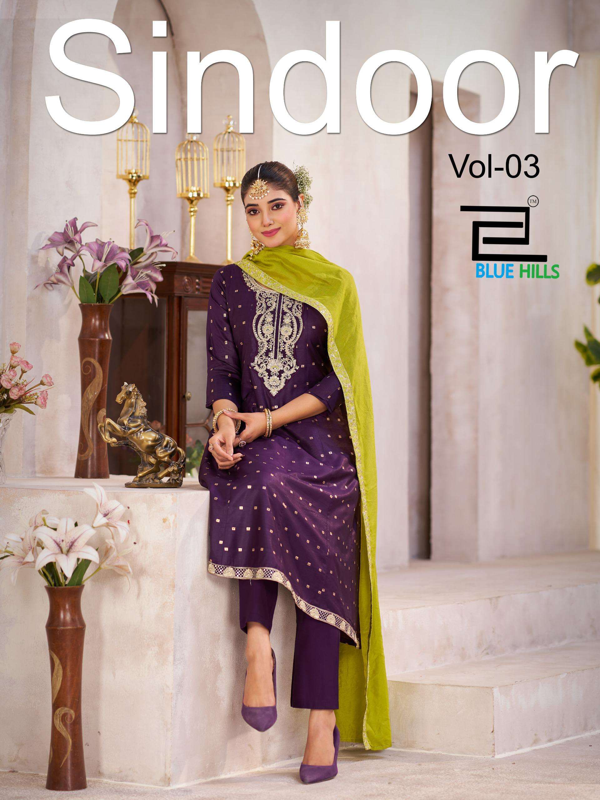 BLUE HILLS SINDOOR VOL 3 CHANDERI SILK ANARKALI STYLE KURTI BOTTOM WITH DUPATTA SET 