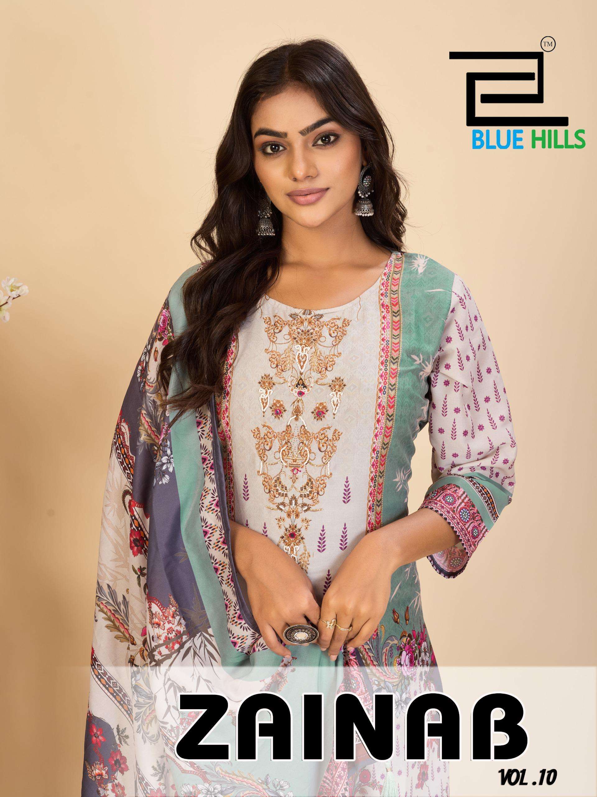 BLUE HILLS ZAINAB VOL 10 MUSLIN DIGITAL PRINT WITH FANCY WORK KURTI COMBO SET 