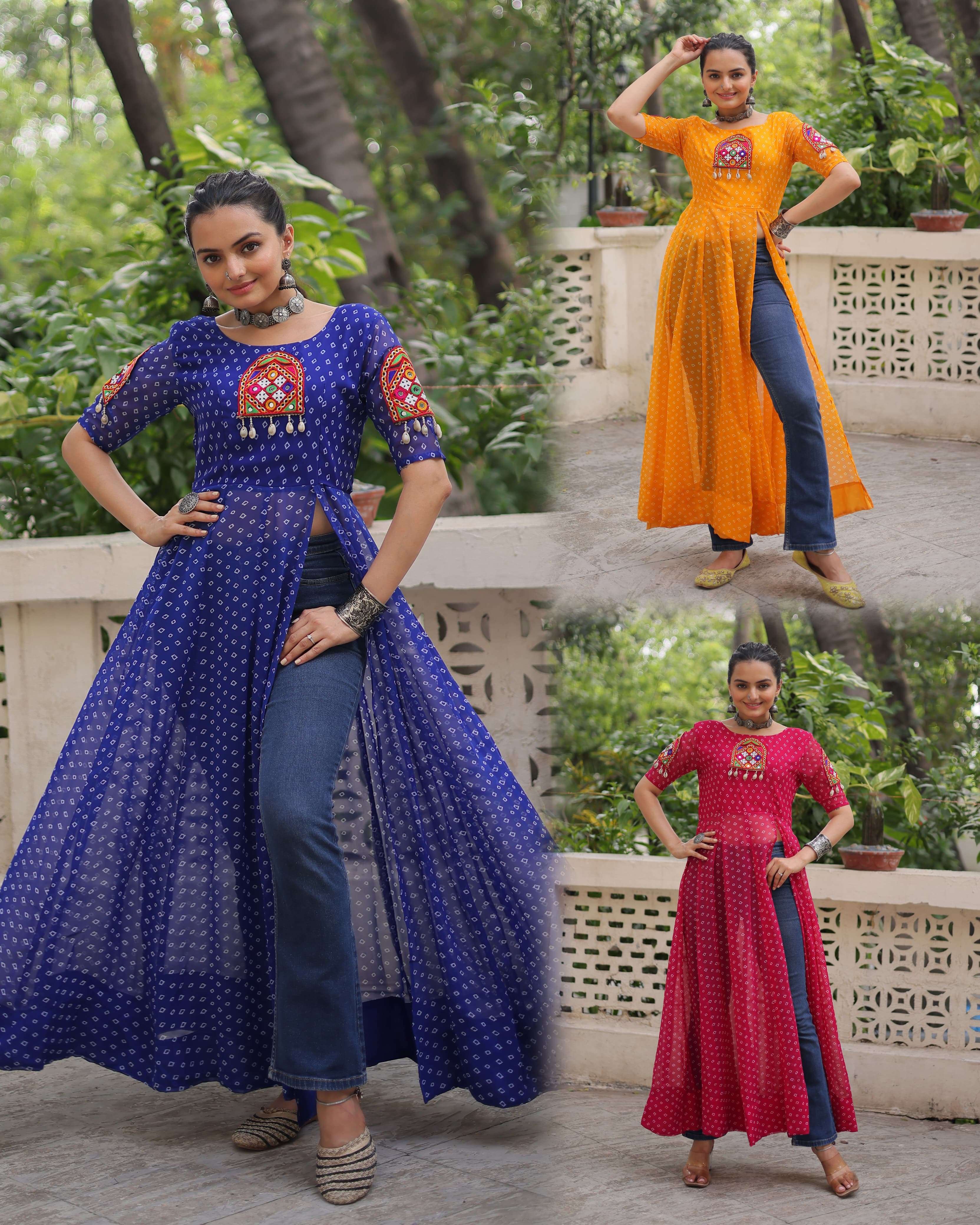 KA 1193 GEORGETTE BANDHANI PRINT FANCY NAVRATRI WEAR LADIES KURTI 