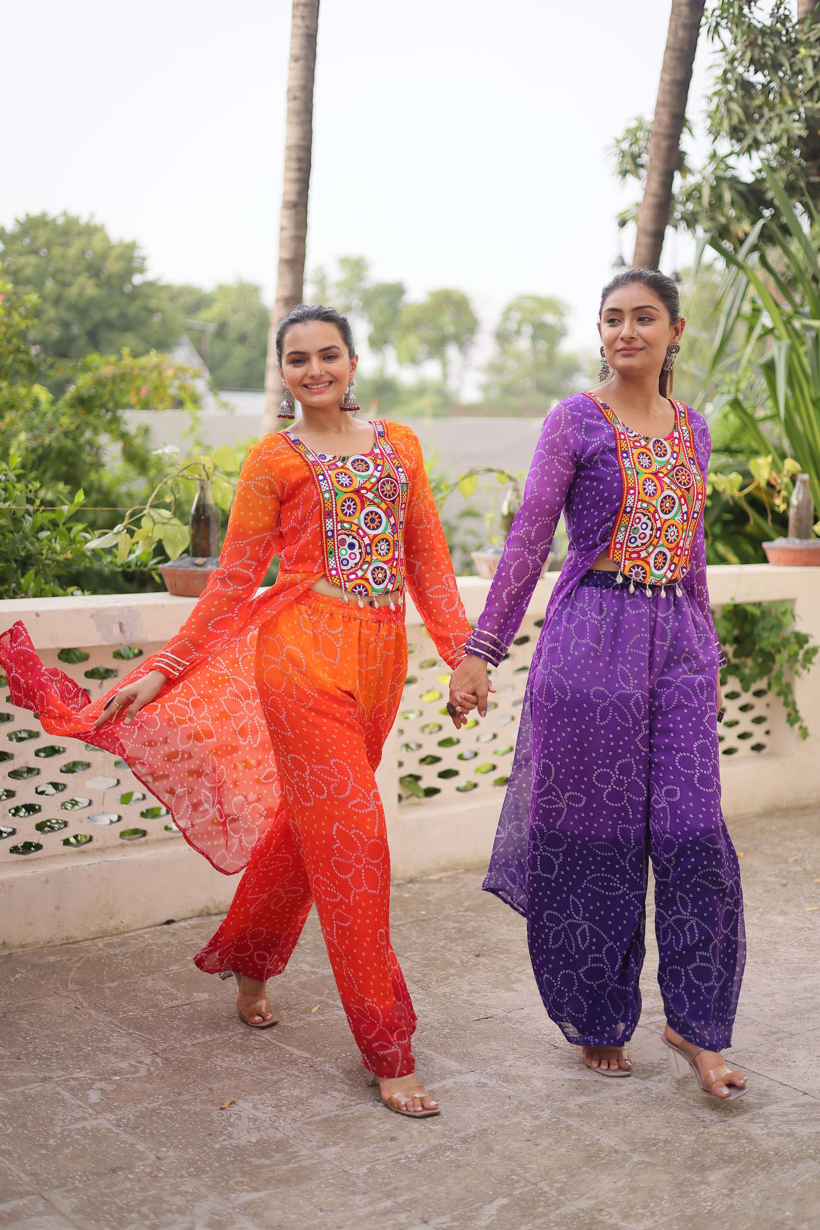 KA 1198 FANCY BANDHANI PRINT WITH DESIGNER WORK NAVRATRI WEAR LADIES TOP WITH BOTTOM PAIR 
