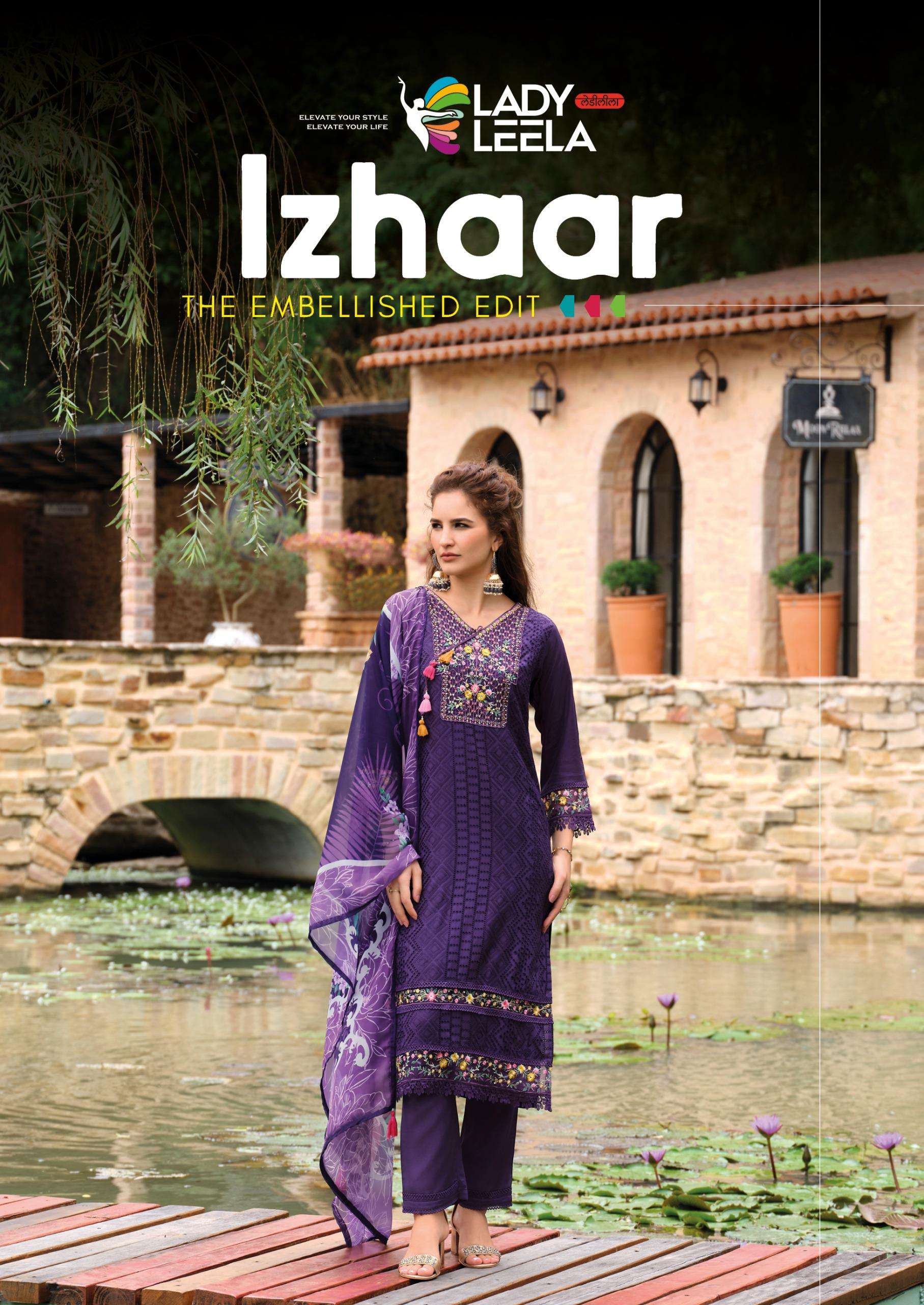 LADY LEELA IZHAAR MUSLIN SCHIFLI IS A DESIGNER WORK READY MADE LADIES SUIT