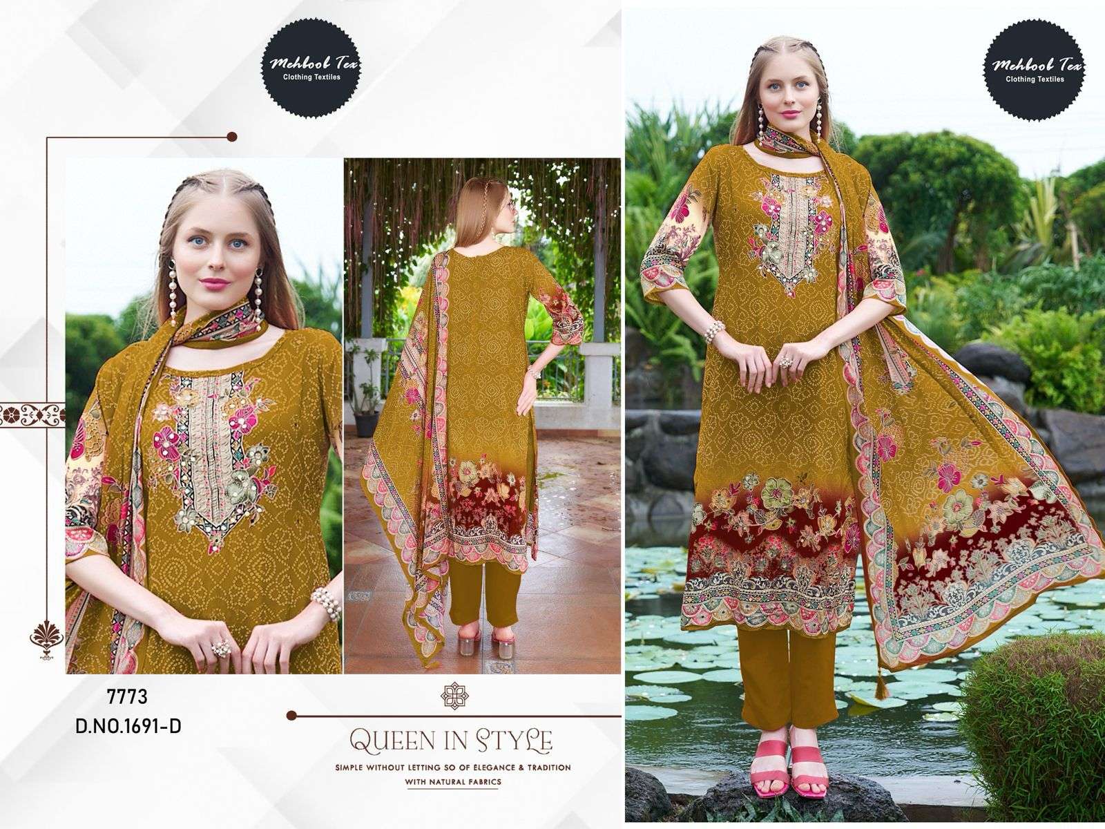 MEHBOOB TEX DESIGN NO - 1691 D PURE VISCOSE MUSLIN DIGITAL PRINT AARI HANDWORK PAKISTANI SUIT 