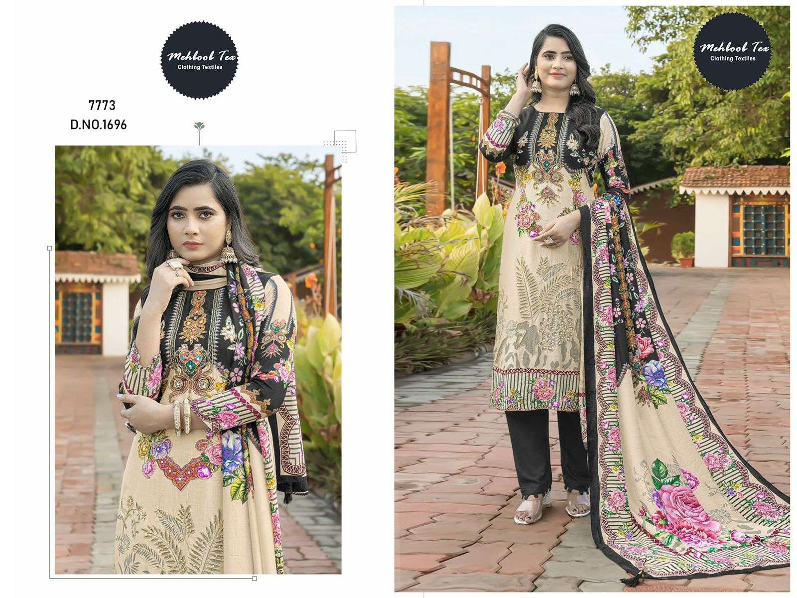 MEHBOOB TEX DESIGN NO - 1696 PURE VISCOSE MUSLIN DIGITAL PRINT AARI HANDWORK PAKISTANI SUIT 