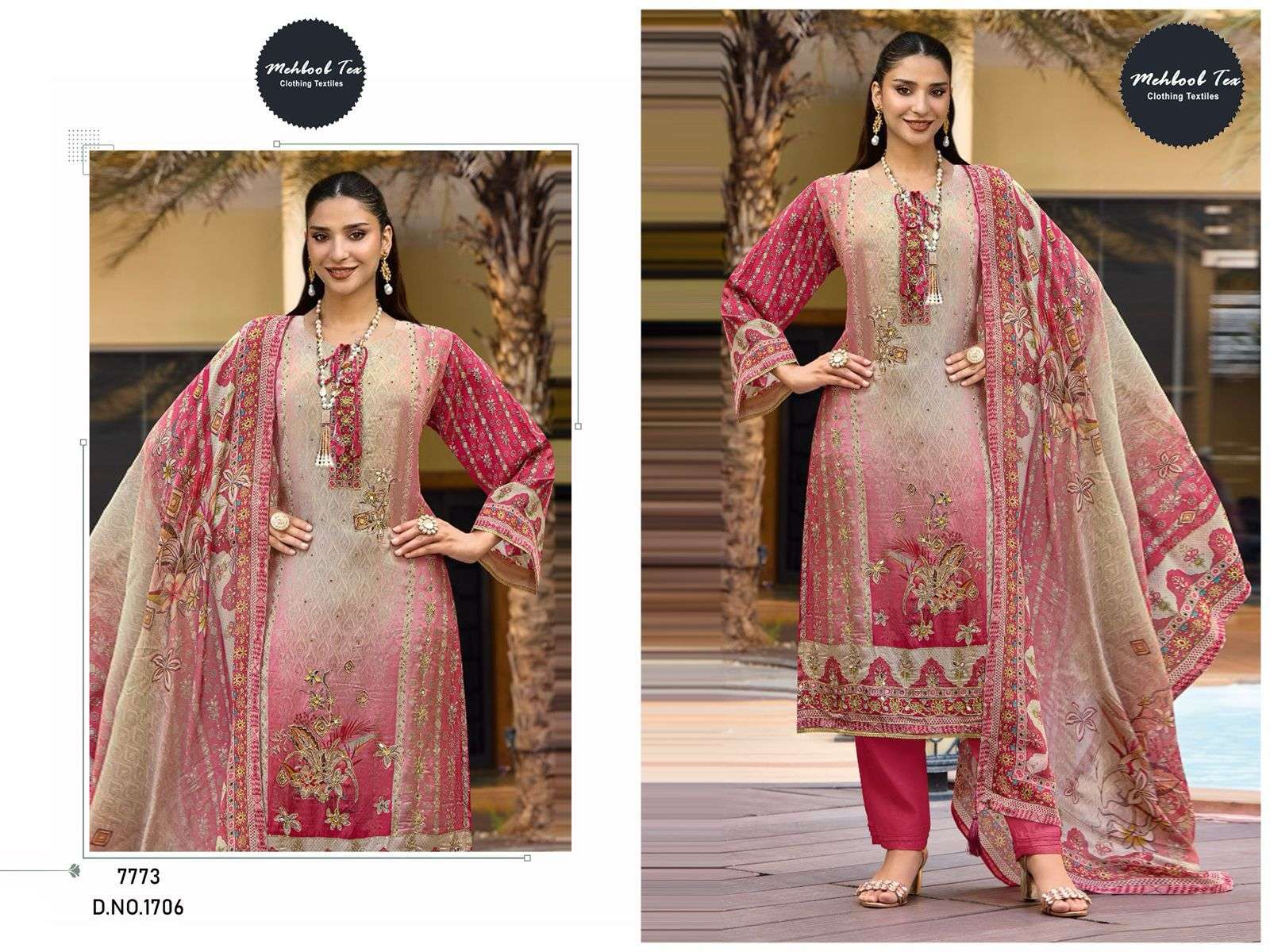 MEHBOOB TEX DESIGN NO - 1706 PURE VISCOSE MUSLIN DIGITAL PRINT AARI HANDWORK PAKISTANI SUIT