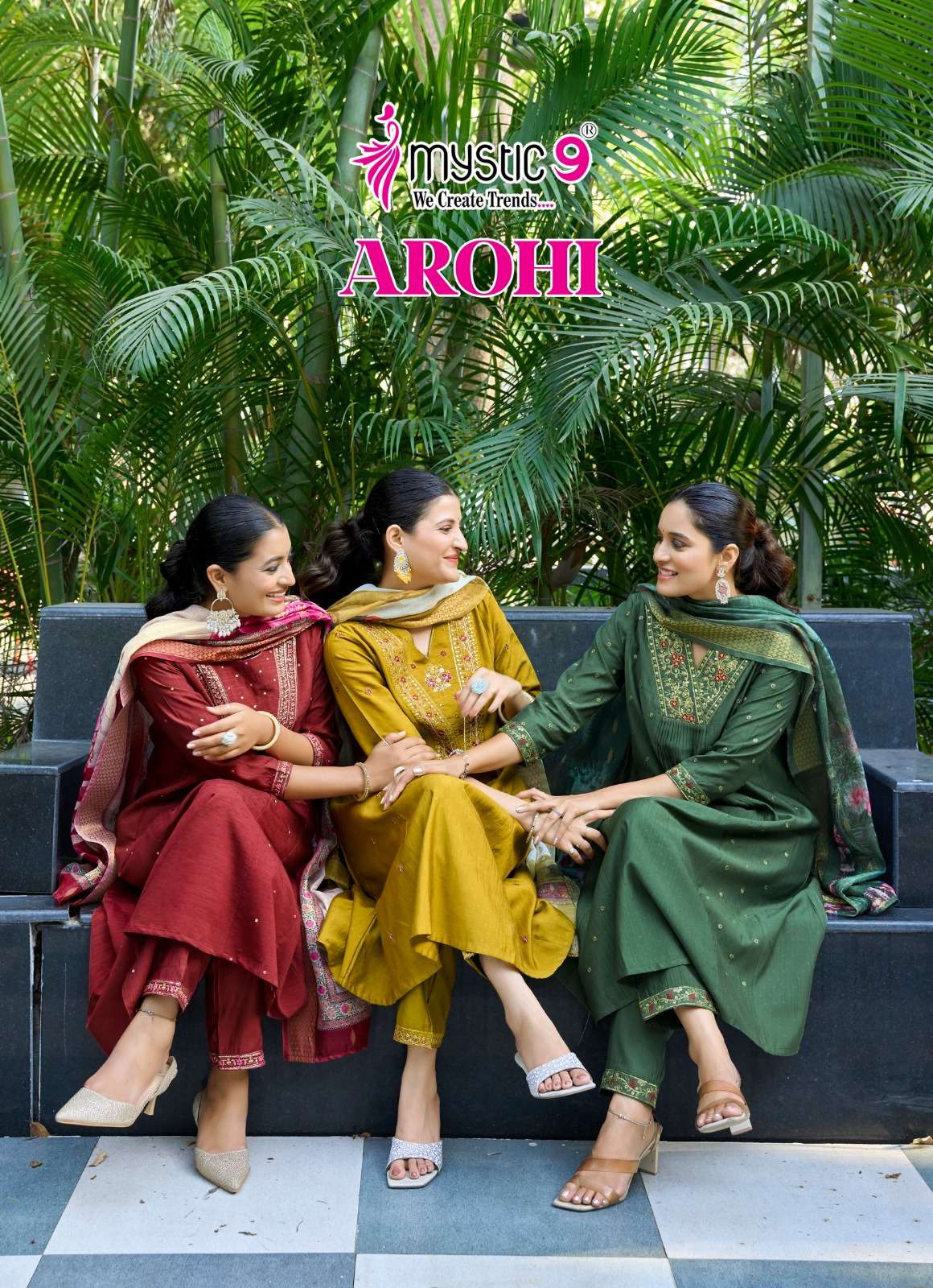 MYSTIC 9 AROHI VOL 1 FANCY DESIGNER WORK PRINCESS CUT STYLE KURTI WITH BOTTOM AND DUPATTA SET 