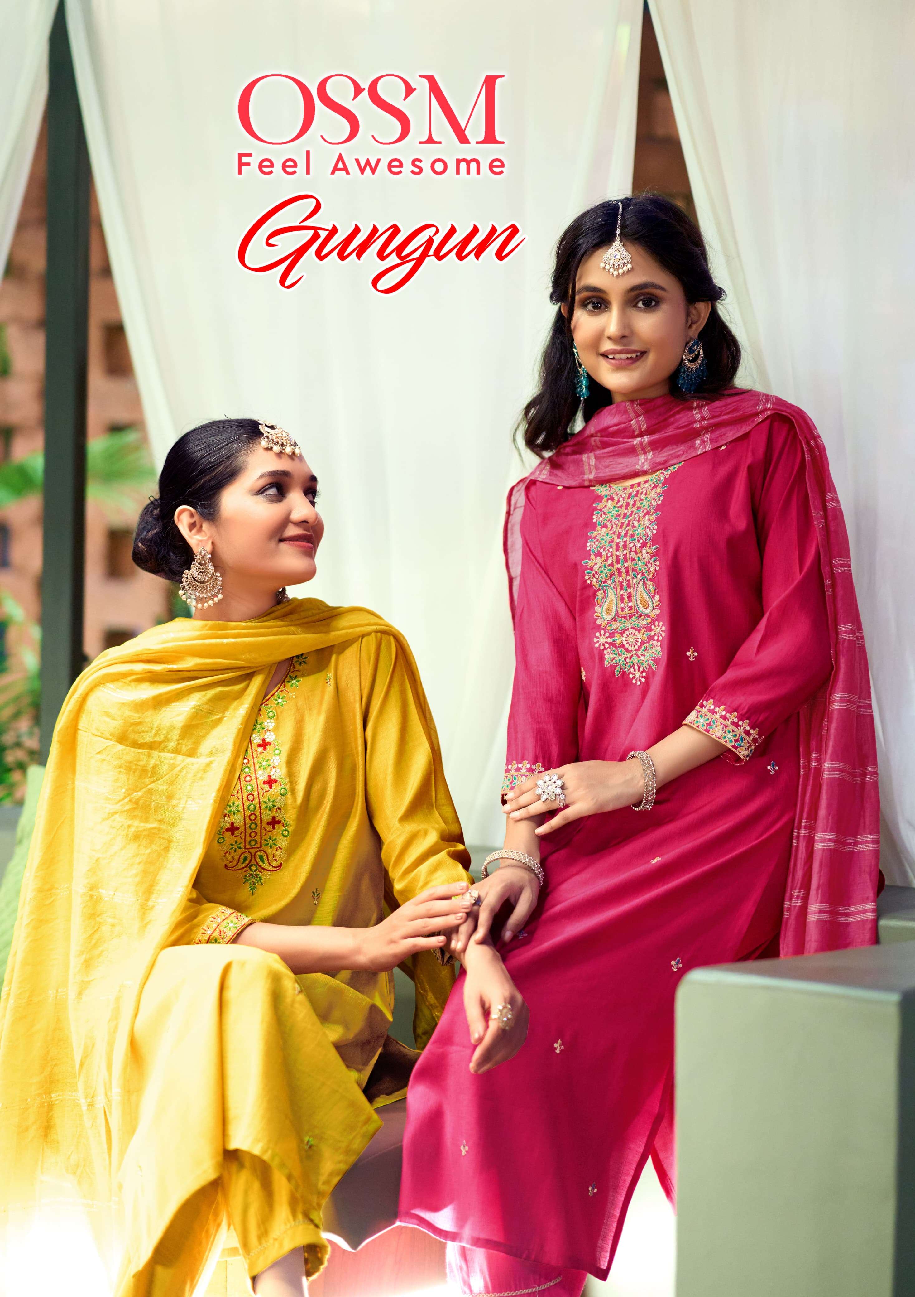 OSSM GUNGUN VISCOSE SILK FANCY EMBROIDERIES LADIES KURTI BOTTOM AND DUPATTA SET