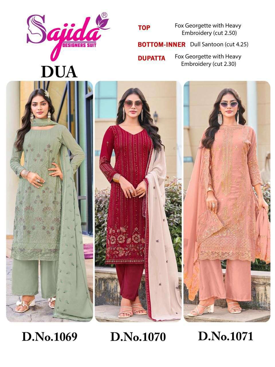 SAJIDA DESIGNER DESIGN NO - 1069-1070-1071 GEORGETTE HEAVY EMBROIDERED KHATLI WORK PAKISTANI SUIT 