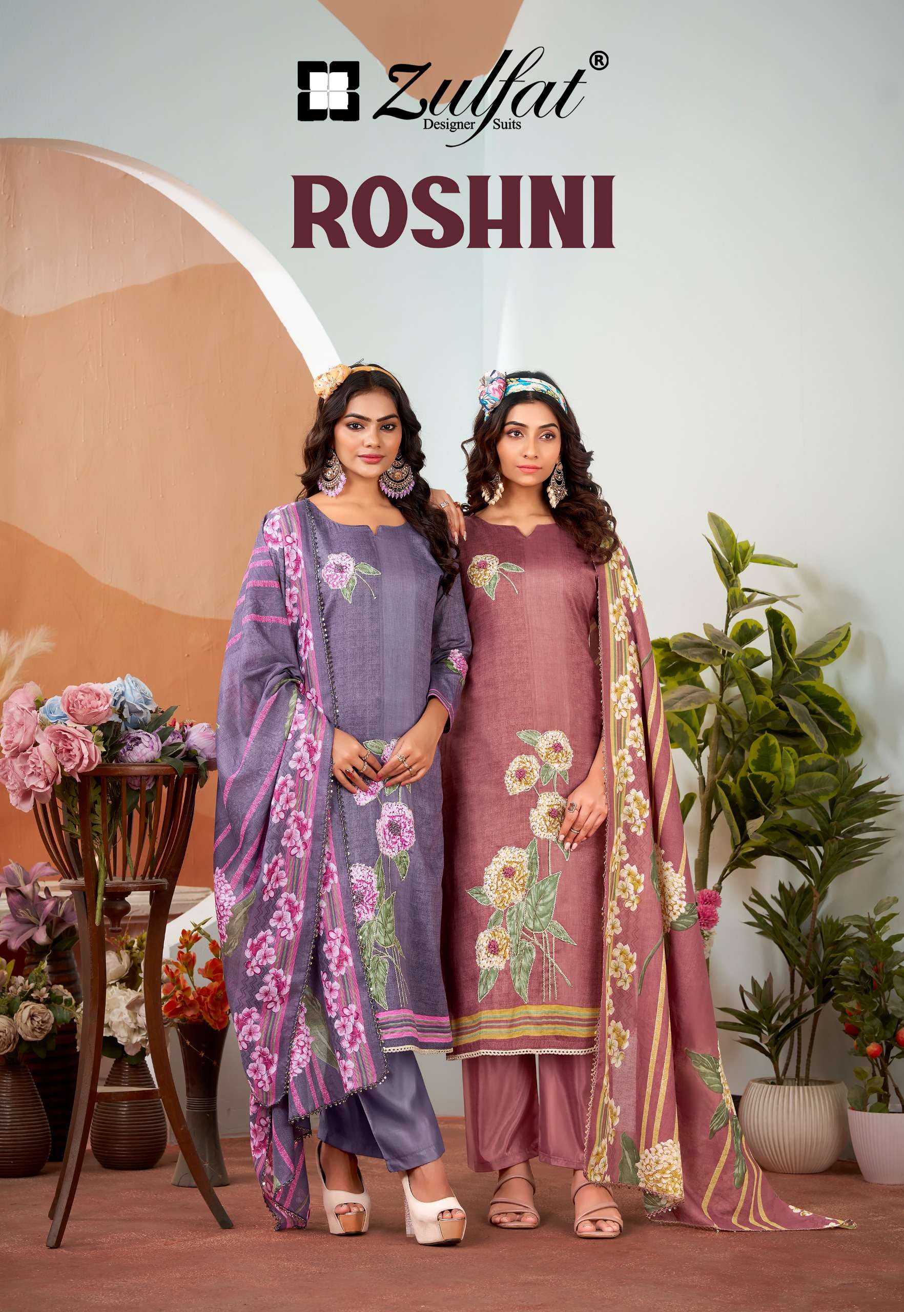 ZULFAT DESIGNER SUITS ROSHNI JAM COTTON PRINT WITH FANCY WORK SUIT