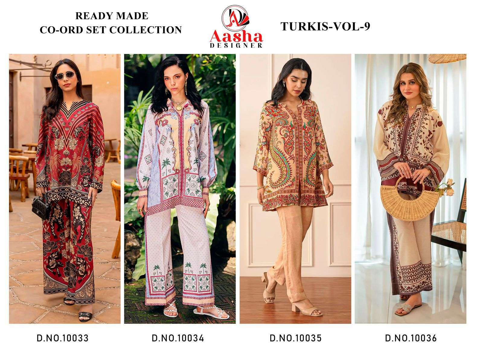 AASHA DESIGNER DESIGN NO - 10033-10034-10035-10036 MODAL SATIN PRINT READYMADE CO-ORD SET