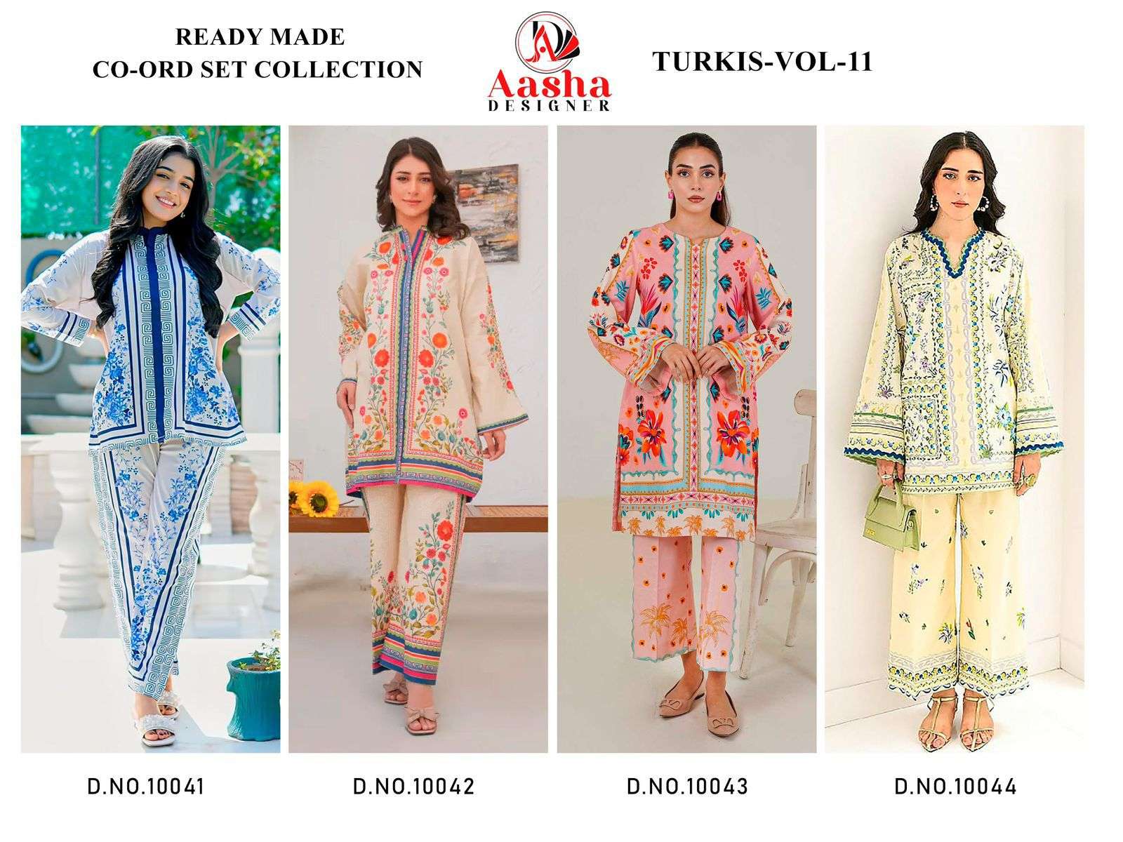 AASHA DESIGNER DESIGN NO - 10041 - 10042 - 10043 - 10044 MODAL SATIN PRINT READYMADE CO-ORD SET