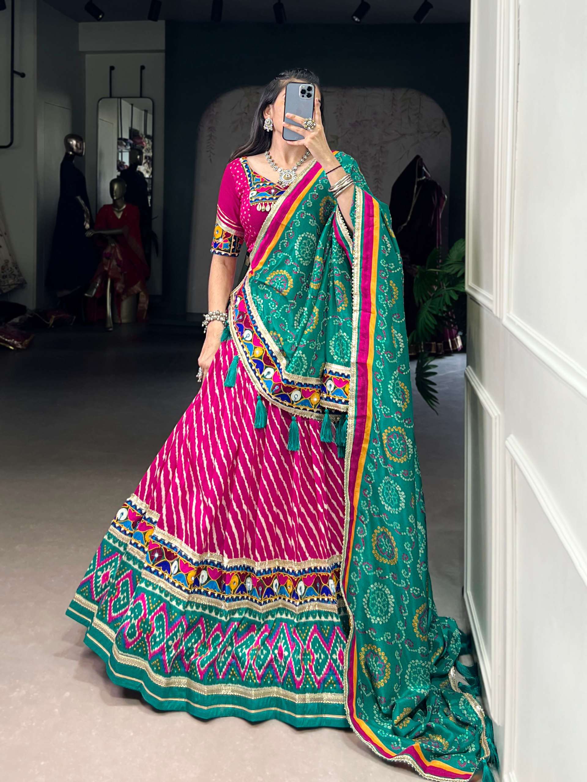 BANDHANI PALACE 1741 TUSSER SILK LEHERIYA PATOLA PRINT BORDER GAMTHI WORK READYMADE NAVRATRI LEHENGA CHOLI SET