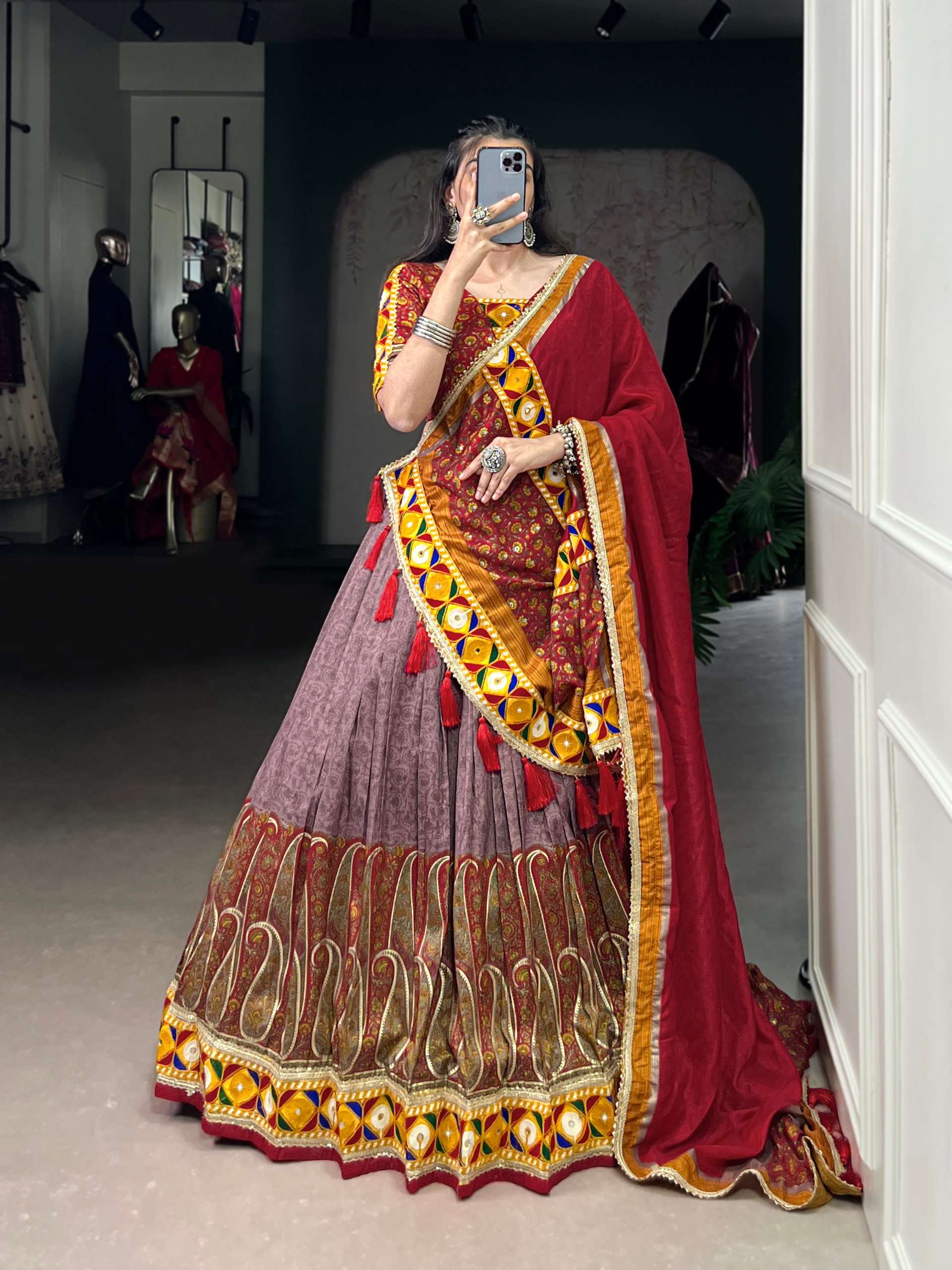 BANDHANI PALACE 7450 TUSSER SILK KASHMIRI PRINT FOIL PRINT MIRROR GAMTHI WORK READYMADE LEHENGA CHOLI SET 