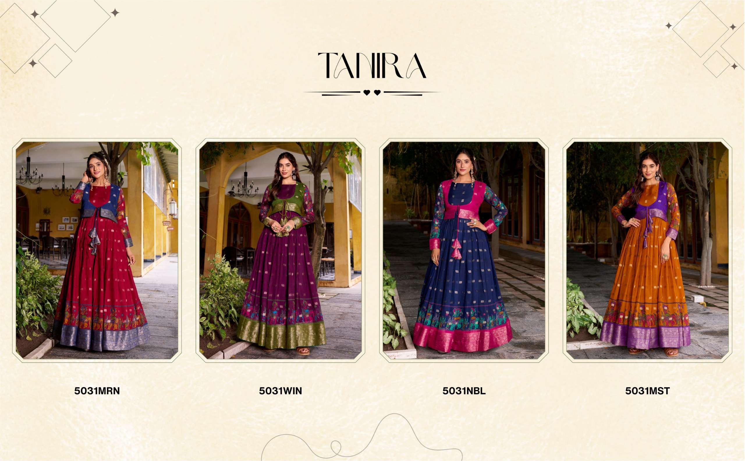 BANDHANI PALACE TANIRA 5034 POLYESTER VISCOSE CHANDERI PRINTED ZARI WEAVING WORK READYMADE STITCHED GOWN