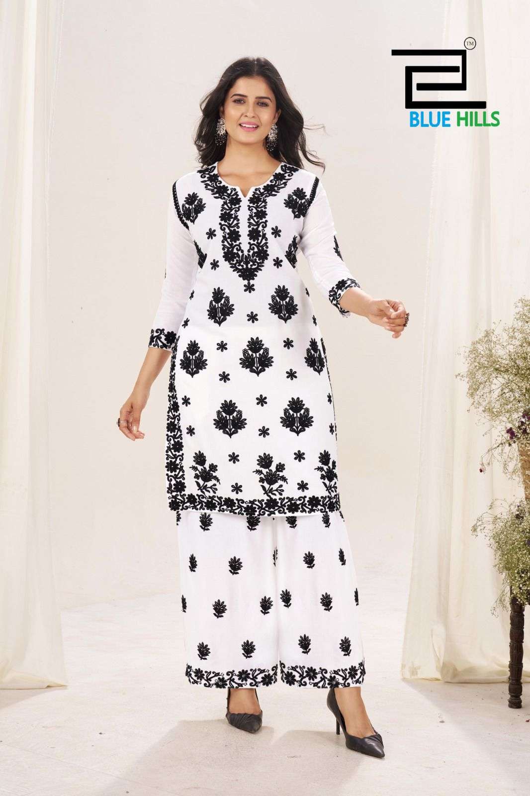 BLUE HILLS BLACK AND WHITE VOL 18 RAYON FANCY WORKS LADIES KURTI WITH PLAZZO PAIR 