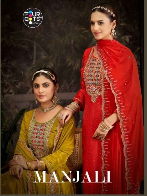 FOURDOTS MANJALI ORGANZA EMBROIDERY DESIGNER WORK LADIES SUIT