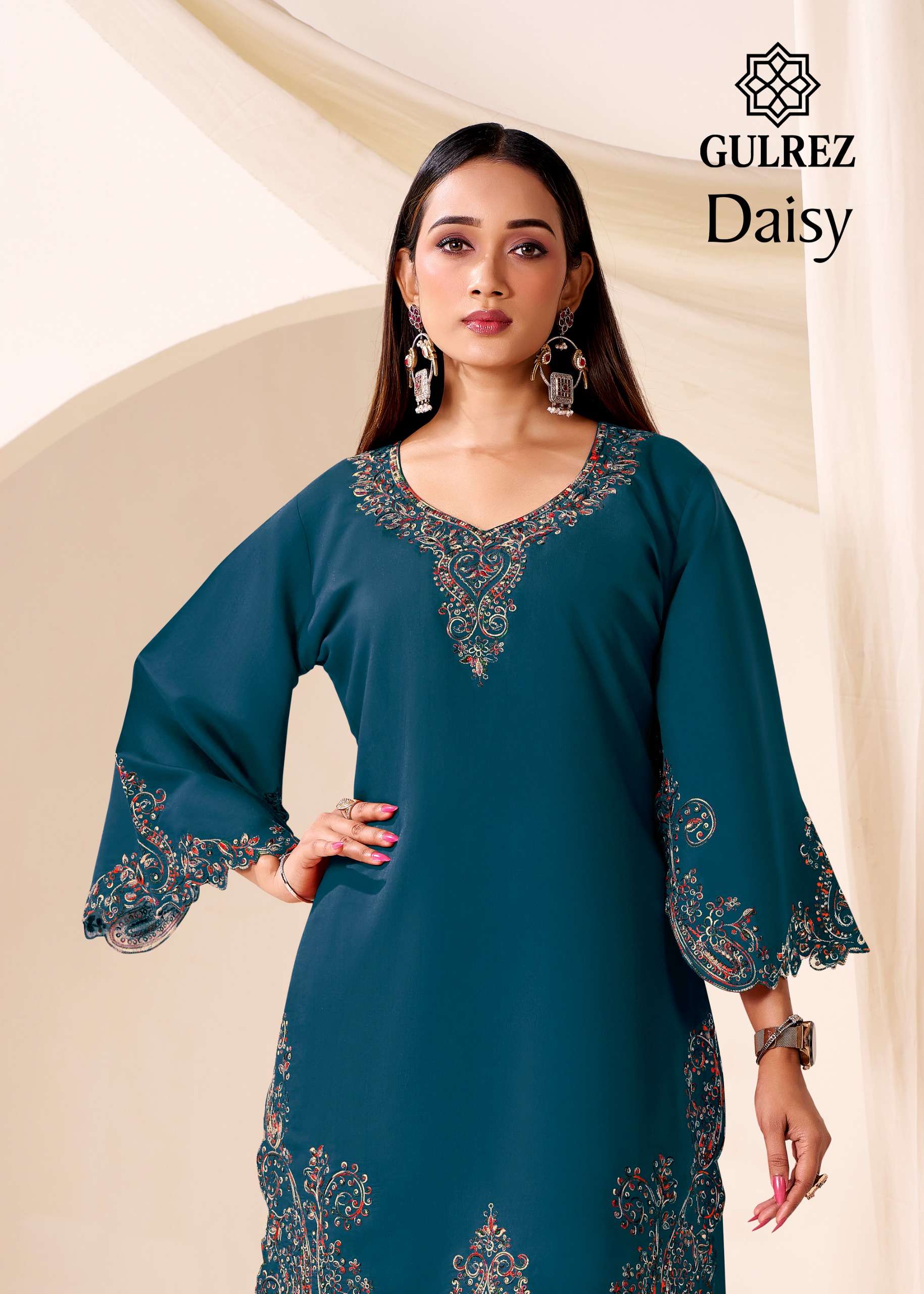 GULREZ DAISY SILK WITH FANCY WORKS LADIES KURTI WITH BOTTOM PAIR 