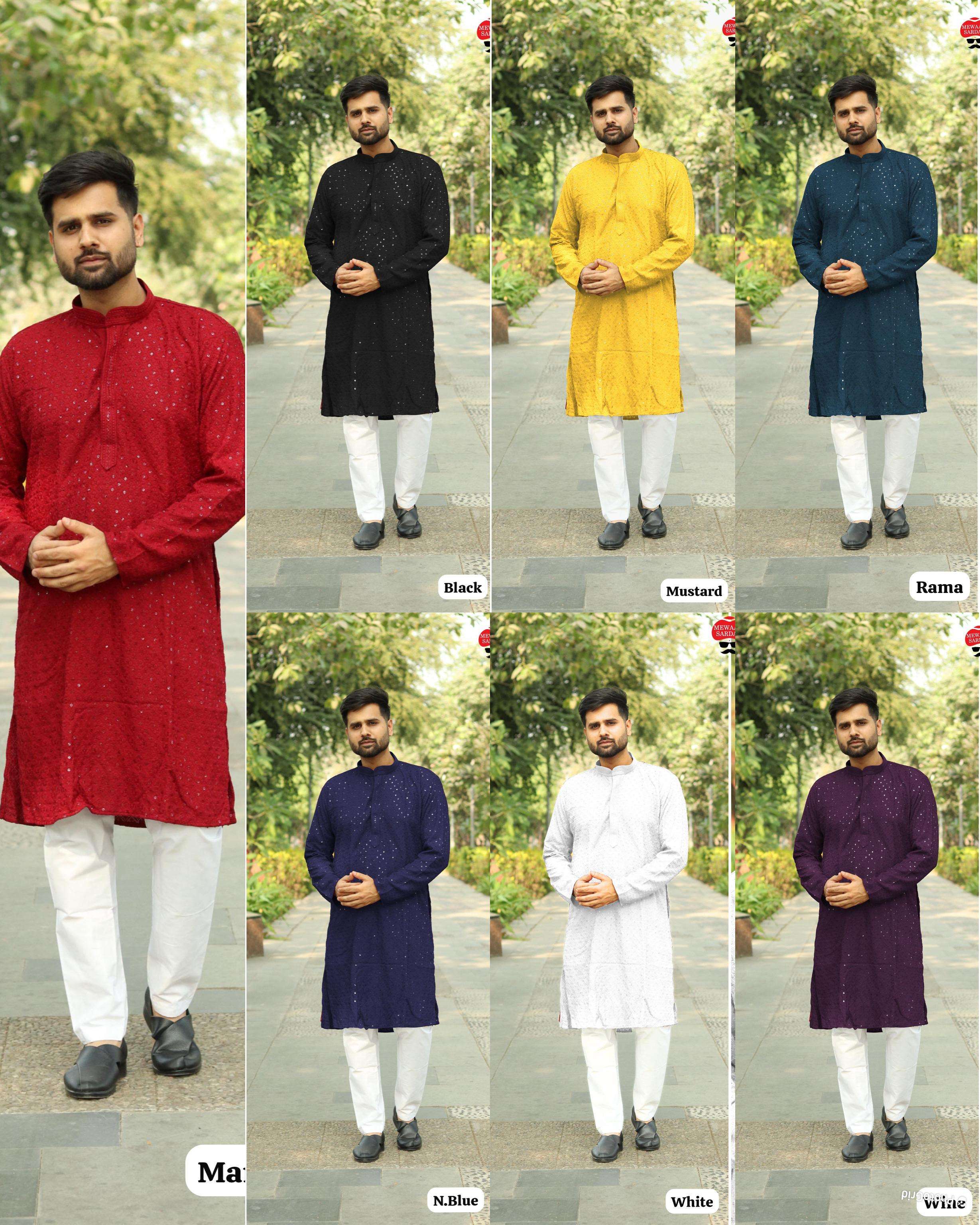 INLI DESI BOYZ RAYON CHIKANKARI WORK MENS TRADITIONAL WEAR KURTA WITH PYJAMA 