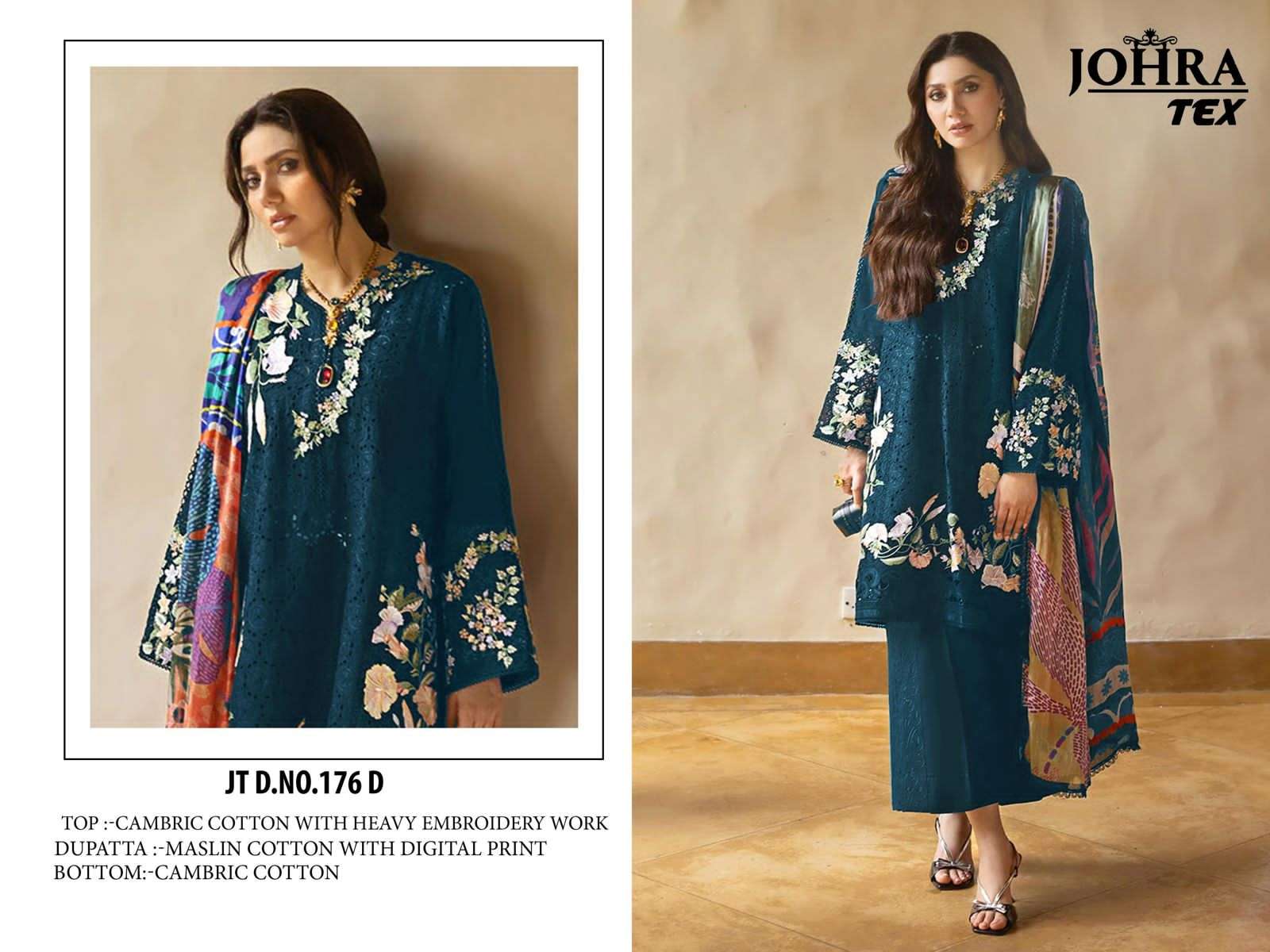 JOHRA TEX DESIGN NO - JT - 176 D CAMBRIC COTTON HEAVY EMBROIDERED WORK PAKISTANI SALWAR SUIT 