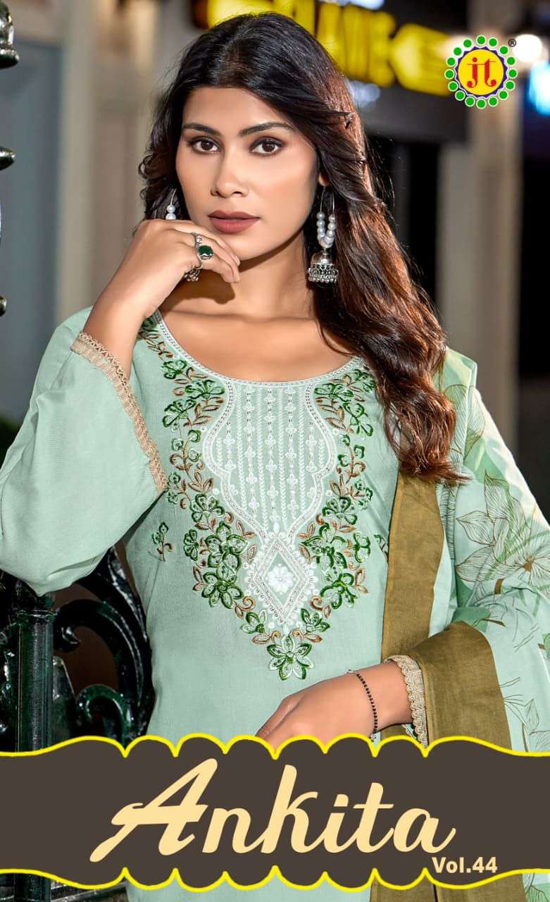 JT ANKITA VOL 44 RAYON PRINT WITH FANCY WORK SUIT