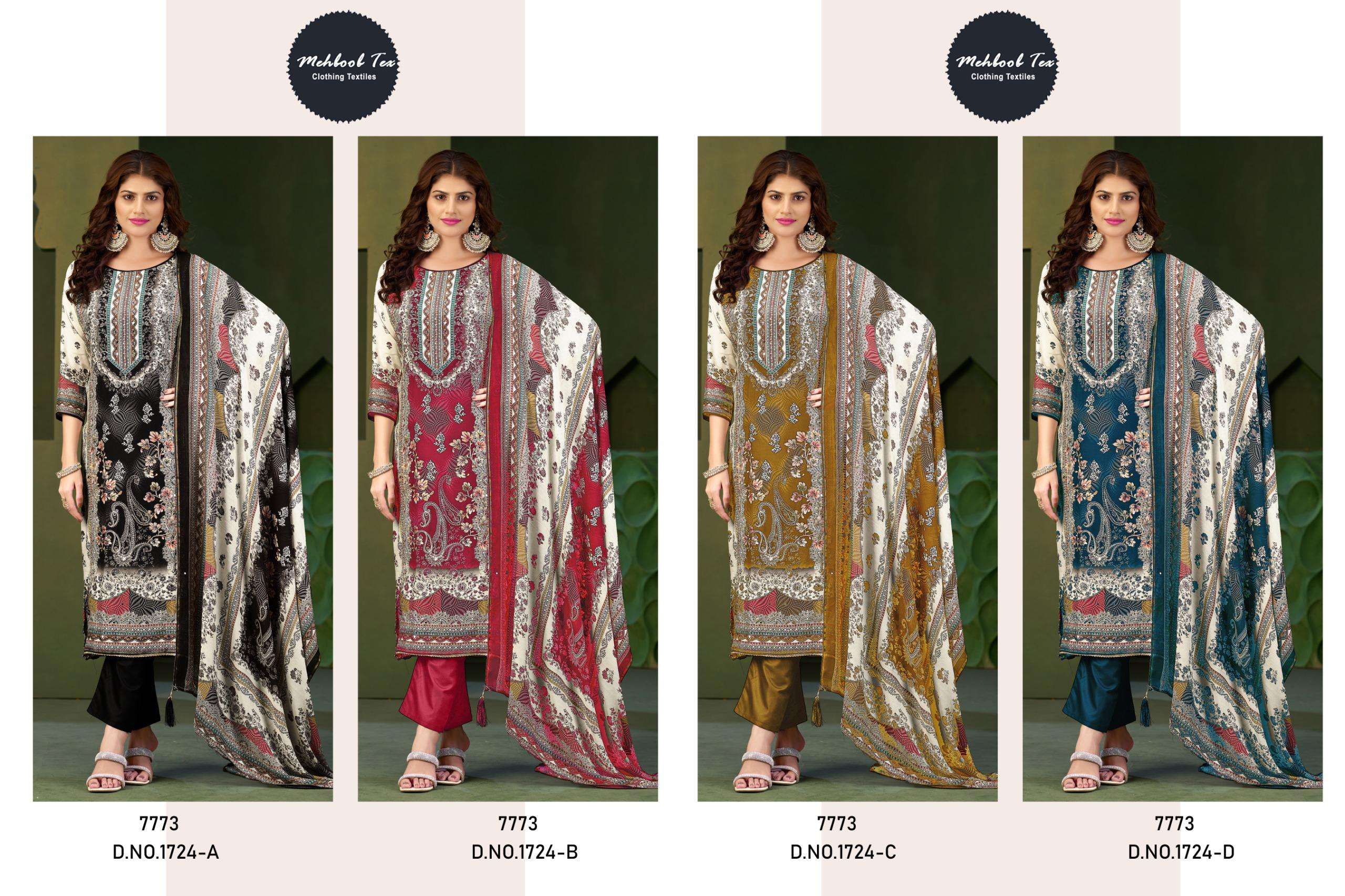 MEHBOOB TEX DESIGN NO - 1724 ABCD PURE VISCOSE MUSLIN DIGITAL PRINT AARI HANDWORK PAKISTANI SUIT