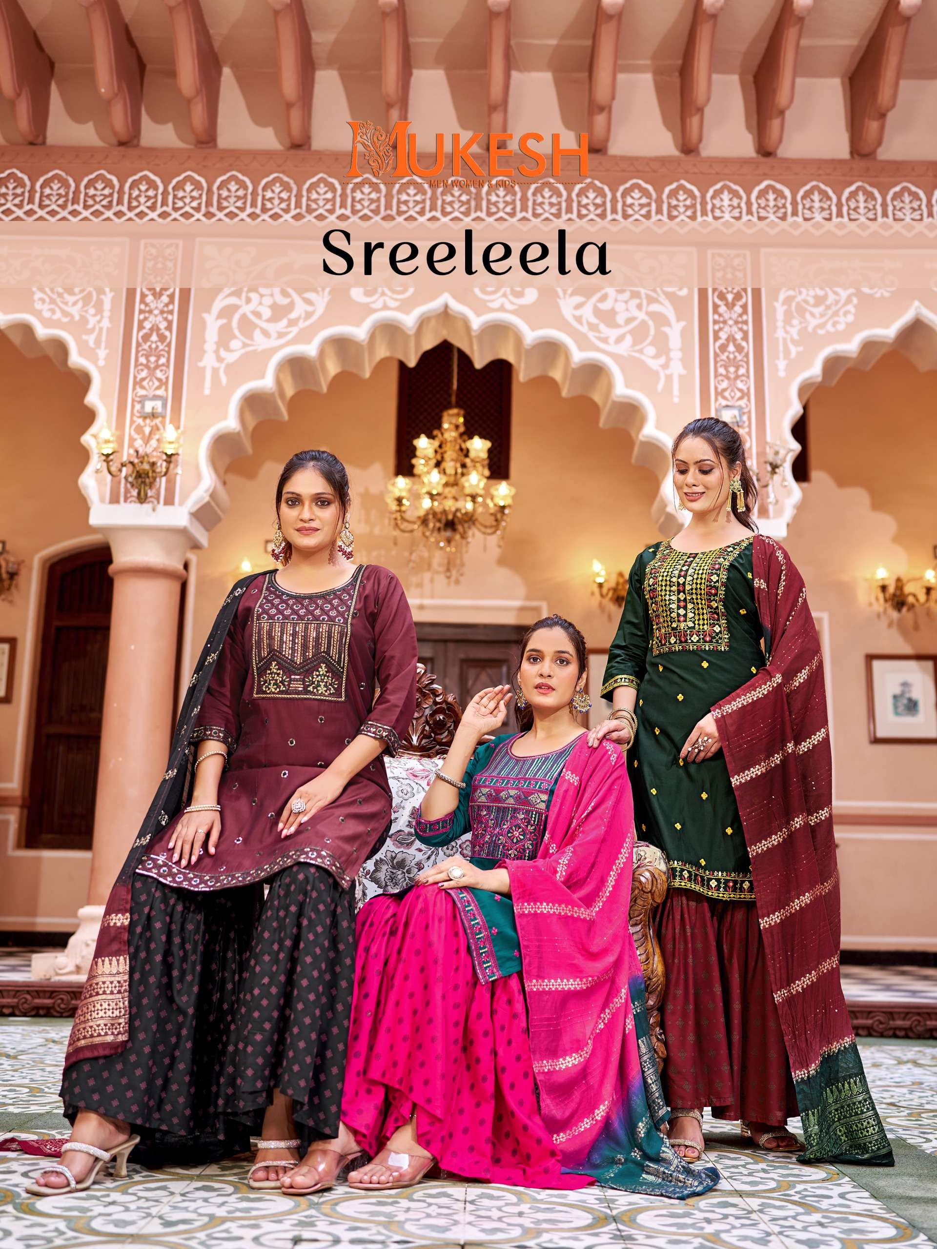 MUKESH SREE LEELA SILK WITH DESIGNER READY MADE SHARARA SUIT