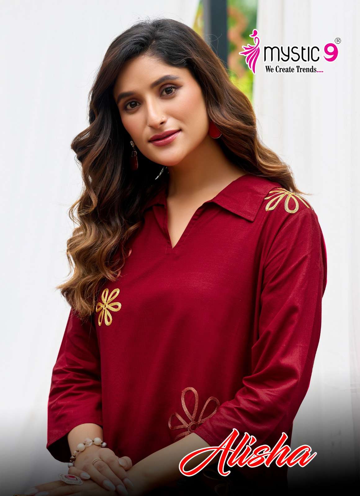 MYSTIC 9 ALISHA VOL 2 RAYON FANCY WORKS A LINE STYLE KURTI WITH BOTTOM PAIRS
