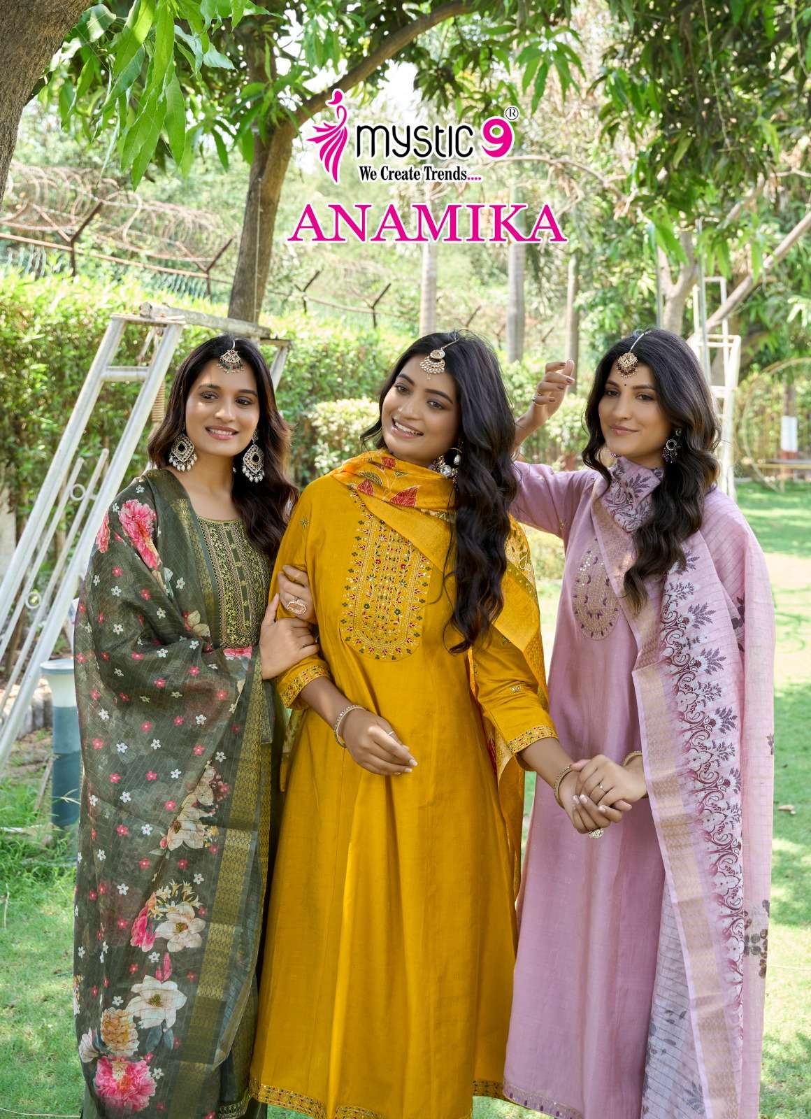 MYSTIC 9 ANAMIKA VOL 1 A LINE CUT PATTERN LADIES KURTI BOTTOM AND DUPATTA SET 