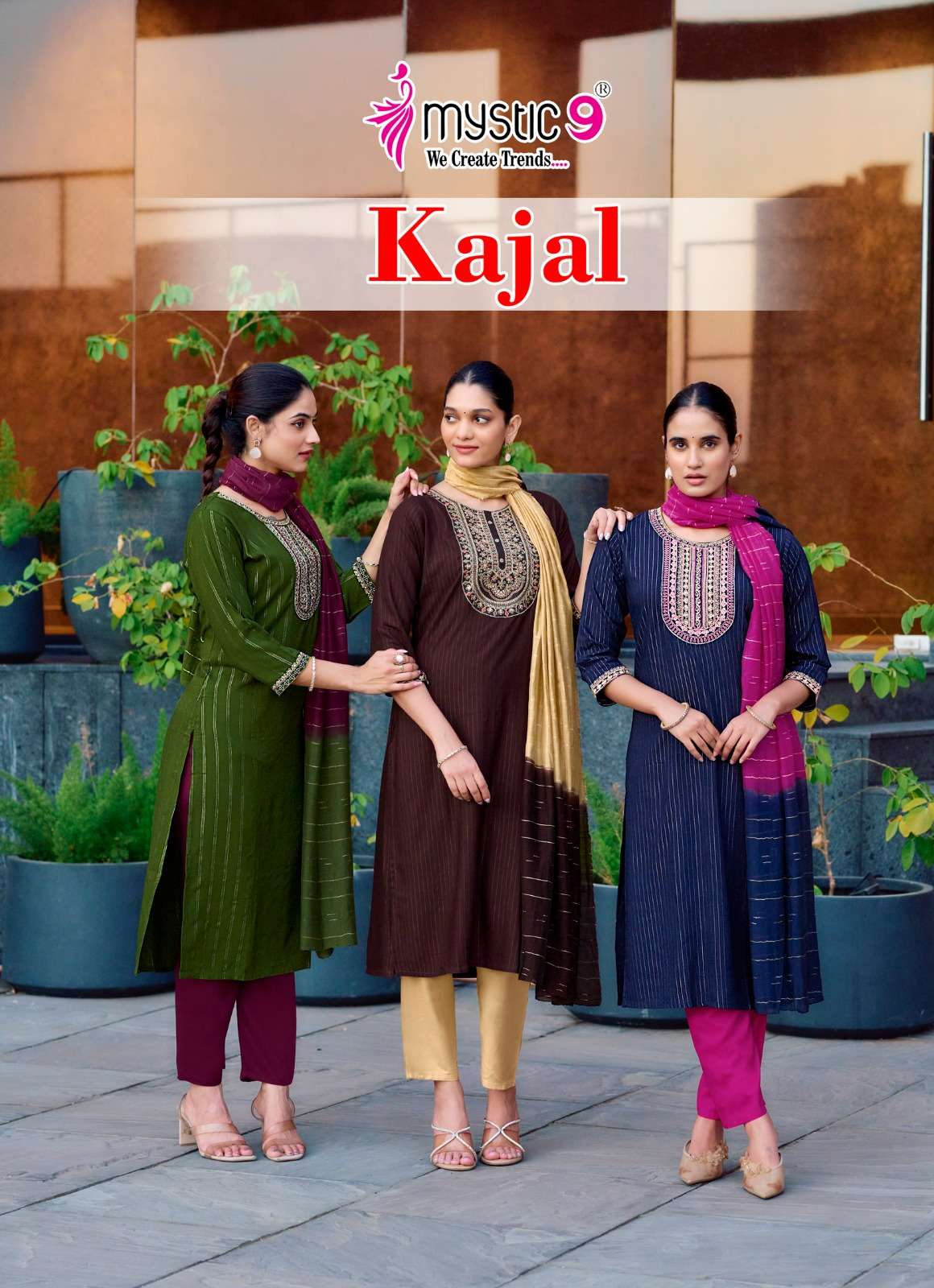 MYSTIC 9 KAJAL VOL 1 RAYON FANCY EMBROIDERY WORK LADIES KURTI BOTTOM AND DUPATTA SET 