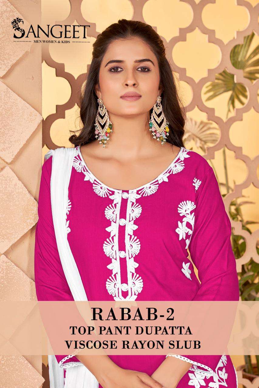 SANGEET RABAB VOL 2 RAYON FANCY EMBROIDERY WORKS LADIES KURTI BOTTOM AND DUPATTA SET