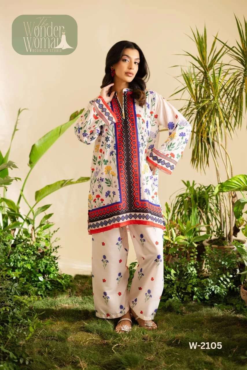 W 2105 SATIN DIGITAL PRINT WITH FANCY WORK PAKISTANI STYLE KURTI WITH BOTTOM PAIR 