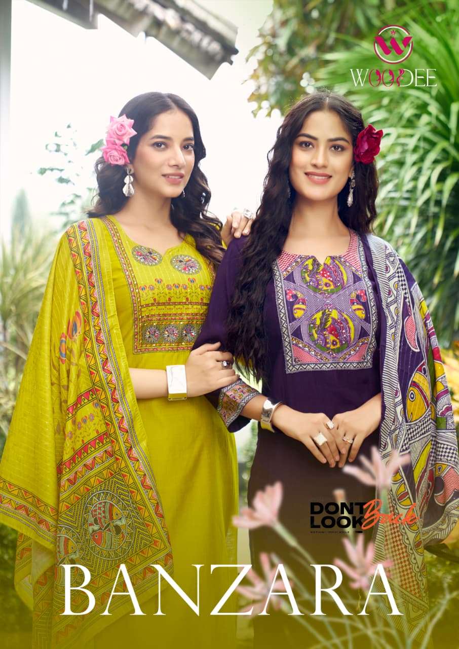 WOODEE BANZARA VISCOSE FANCY DESIGNER WORK KURTI BOTTOM AND DUPATTA SET 