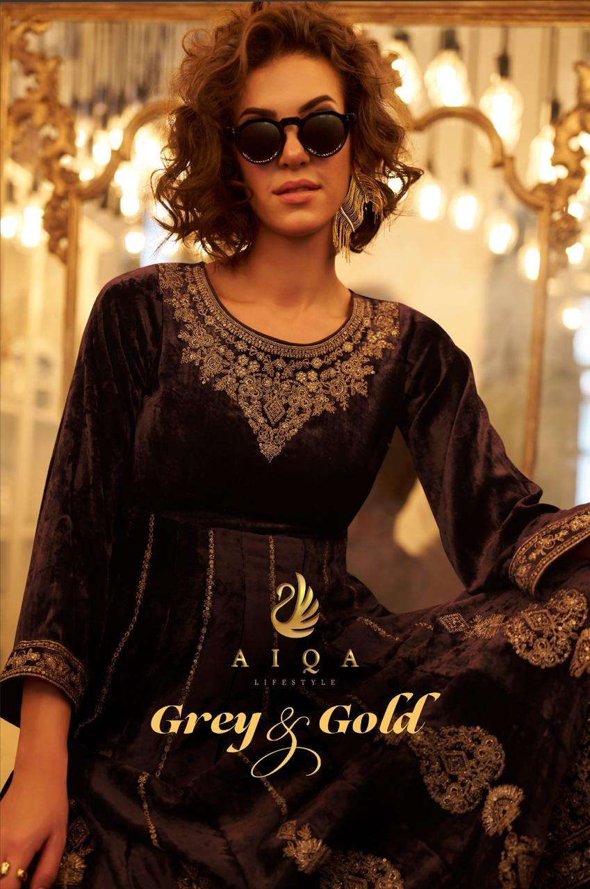 AIQA GREY & GOLD VISCOSE VELVET DESIGNER ANARKALI STYLE LADIES SUIT