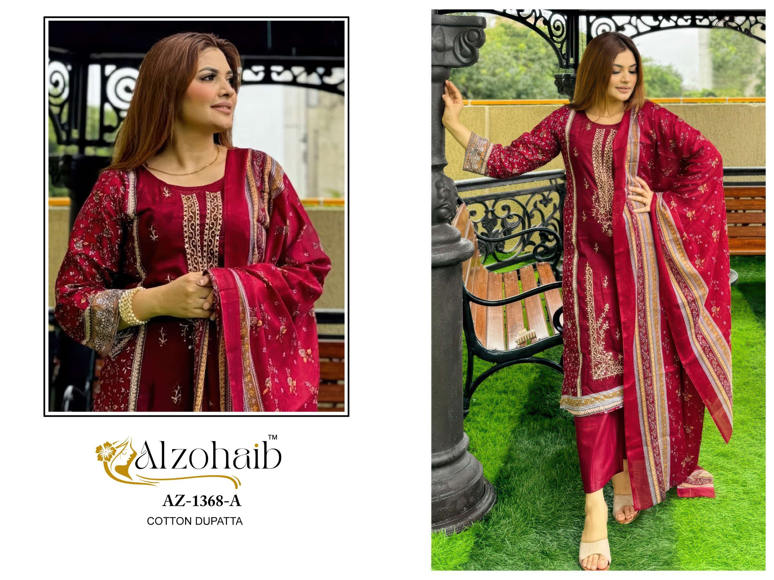 AL ZOHAIB DESIGN NO - 1368 AB PURE COTTON PRINT HEAVY SELF KHATLI WORK PAKISTANI SUIT
