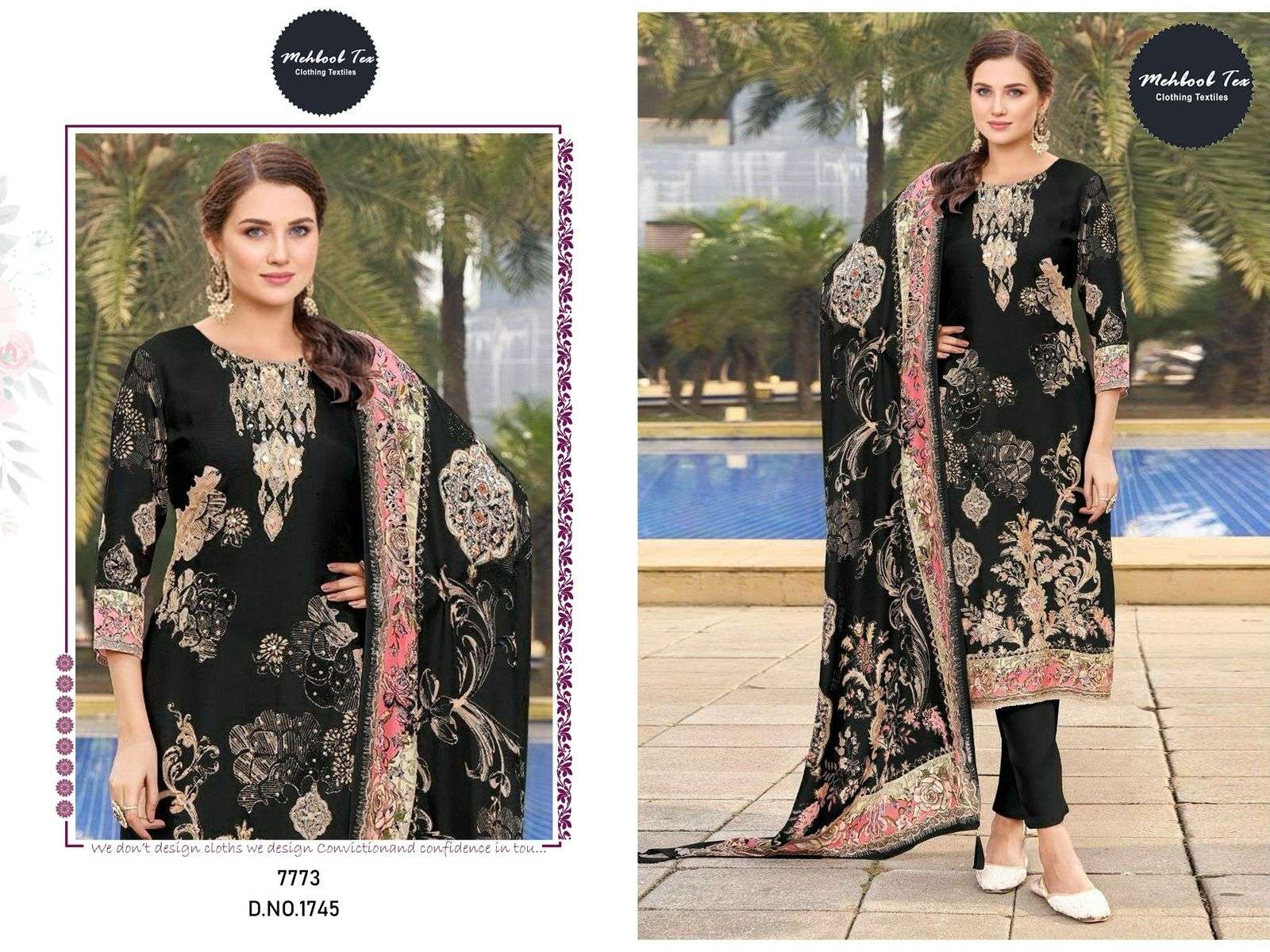 MEHBOOB TEX DESIGN NO - 1745-1746 PURE VISCOSE MULSIN DIGITAL PRINT AARI HANDWORK PAKISTANI SUIT